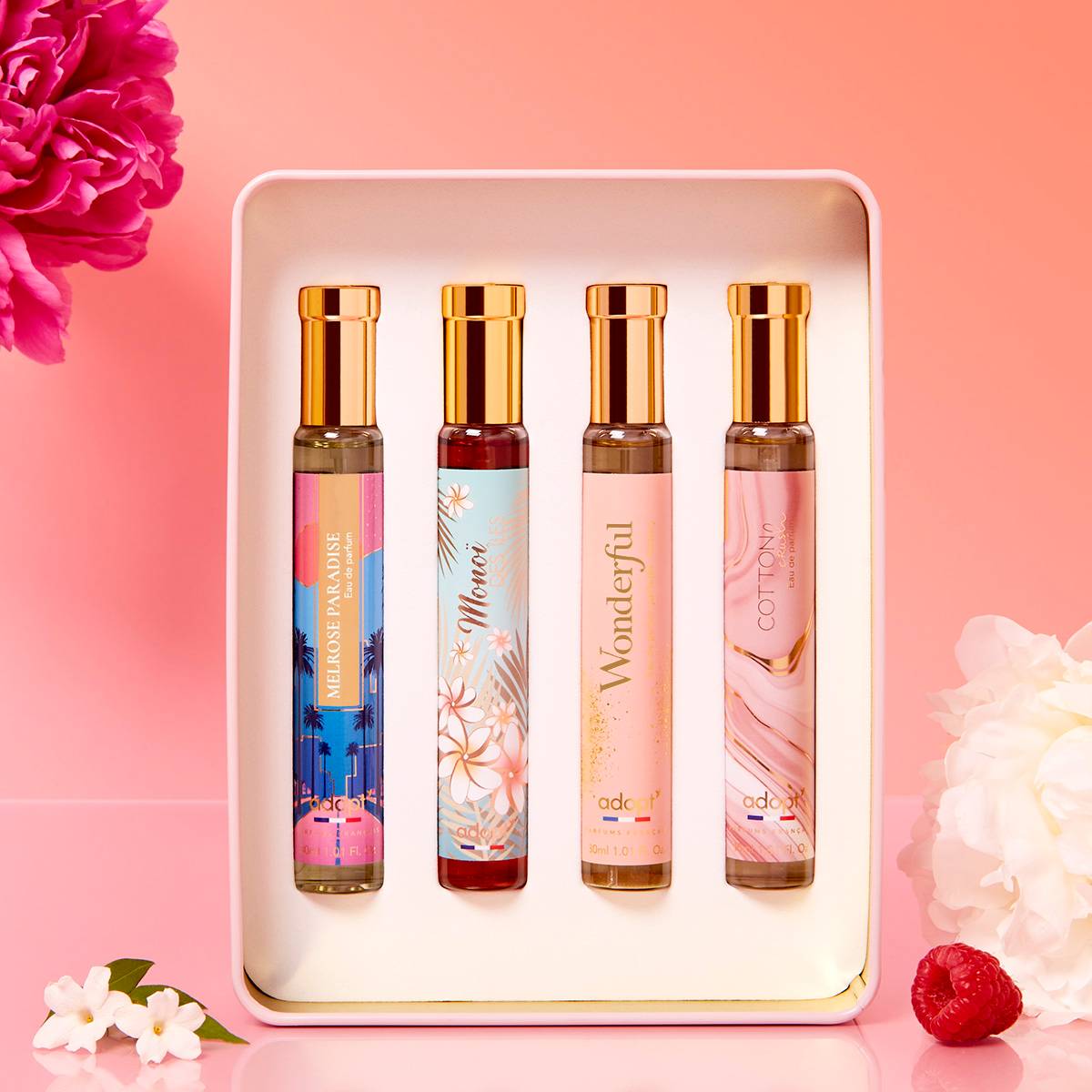 Coffret Merci !Coffret métal 4 eaux de parfums Melrose Paradise 30ml  Monoï des Iles 30ml   Wonderful 30ml   Cotton Crush 30ml)