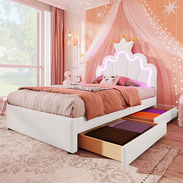 Lit Simple pour enfant 90 x 200 cm - Lit avec 2 Rangements - PU   MDF - Sans Matelas - Blanc