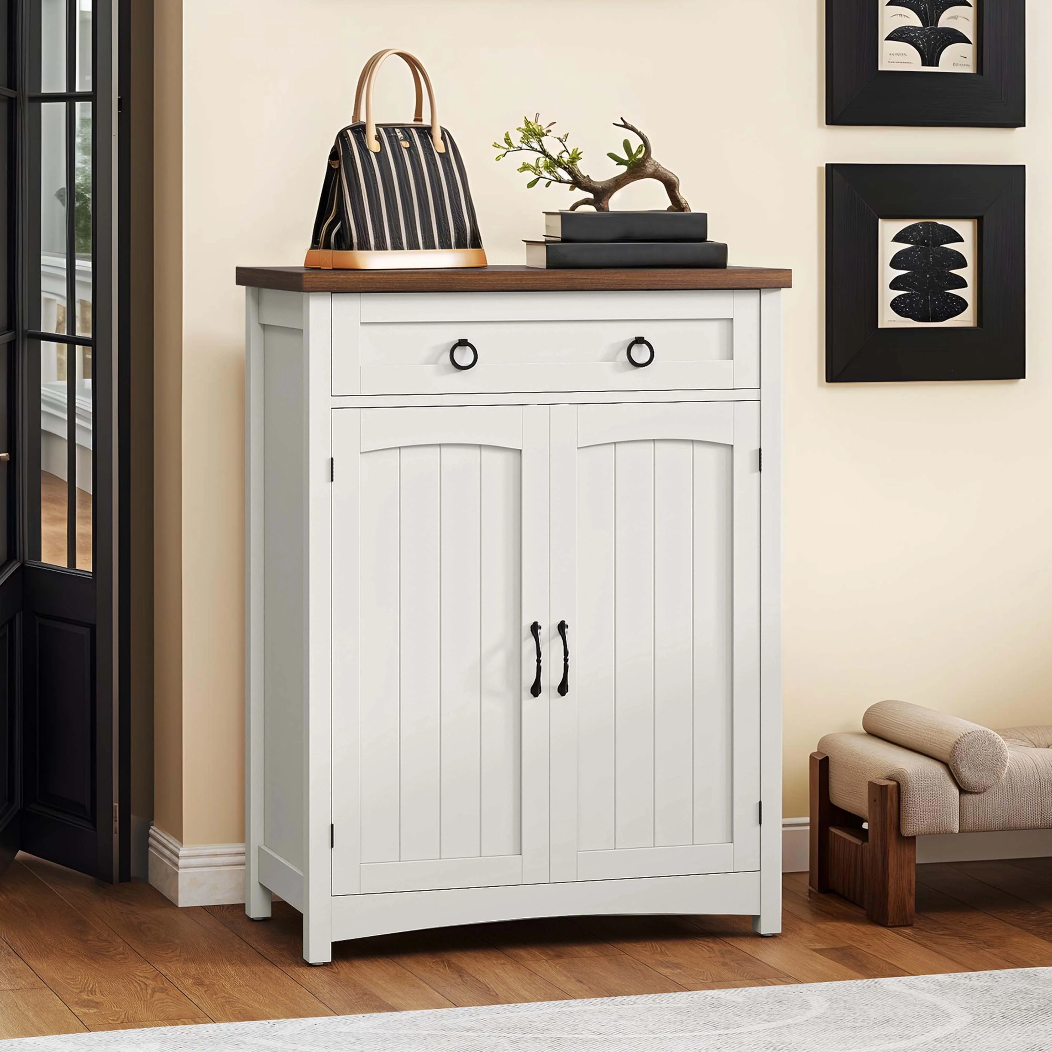 Moasis Farmhouse 20 Pairs Shoe Cabinet with Drawer Rattan Shoes Rackt with Doors for Entryway Hallway