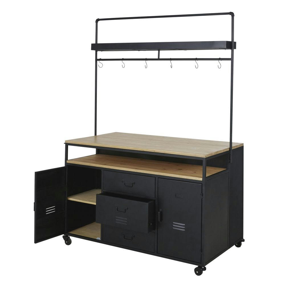 Evrard - Bar 2 portes 3 tiroirs en métal noir et pin massif à roulettes