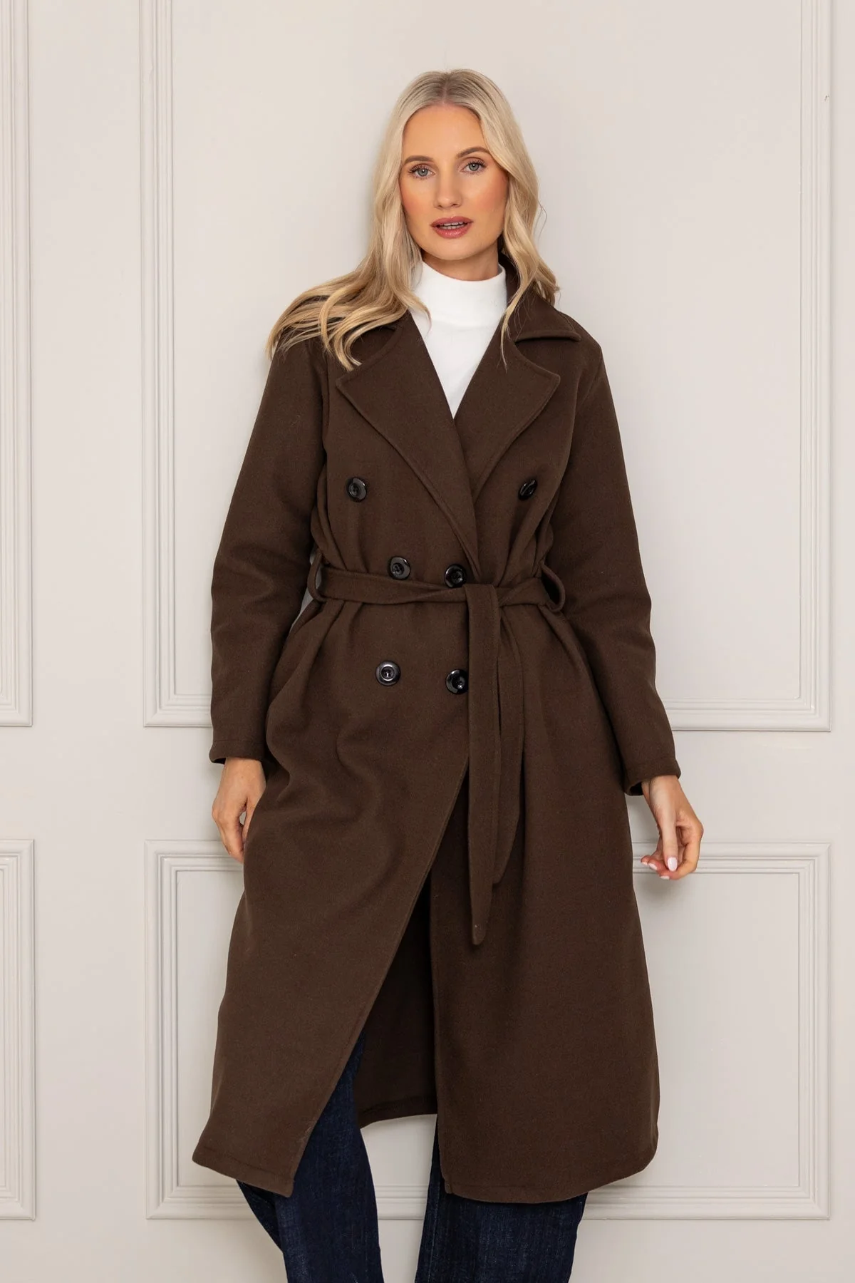 Brown Double Breasted Belted Coat