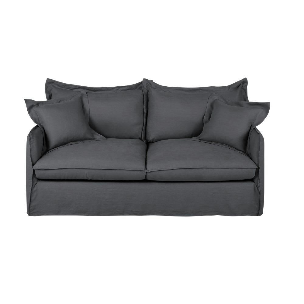 Barcelone - Canapé convertible 3 places en lin gris anthracite, matelas 14 cm