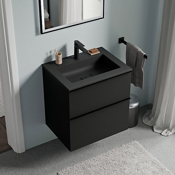Meuble vasque suspendu MDF Noir mat, lavabo fonte Noir mat   trou robinet, poignée Chrome - 60x46x62cm - LAVOA