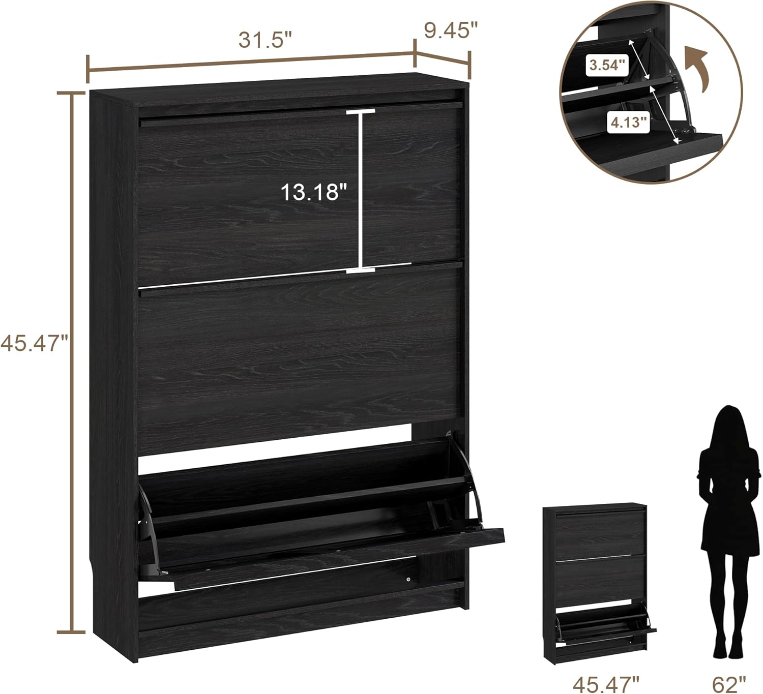 Shoe Cabinet with 3 Flip Drawers, 31.5 W Narrow Shoe Storage Cabinet for Entryway, Slim Shoe Organizer with Adjustable Shelves, Freestanding Shoe Rack for Hallway, Living Room, Black