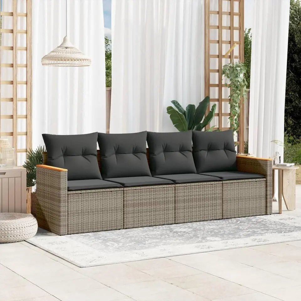 vidaXL 4-delige Loungeset met kussens en hout armsteun - Grijs - Poly rattan