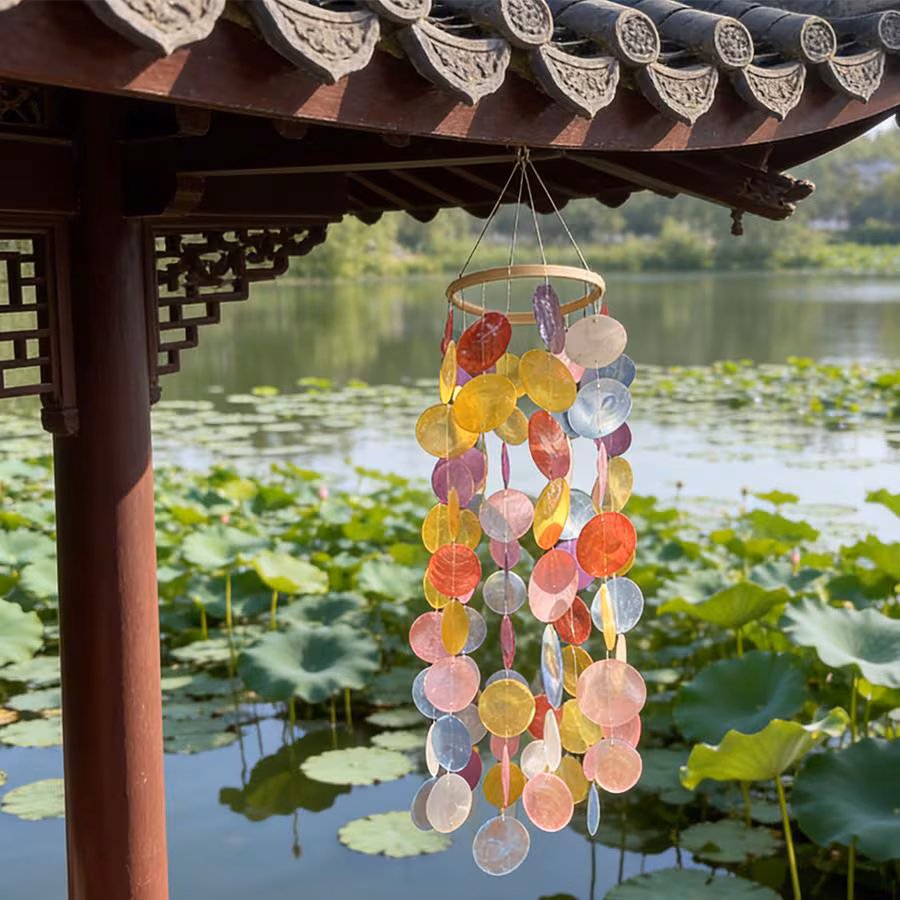 Rainbow Capiz Shell Wind Chime, Handmade Colorful Hanging Mobile for Patio, Porch & Garden Decor