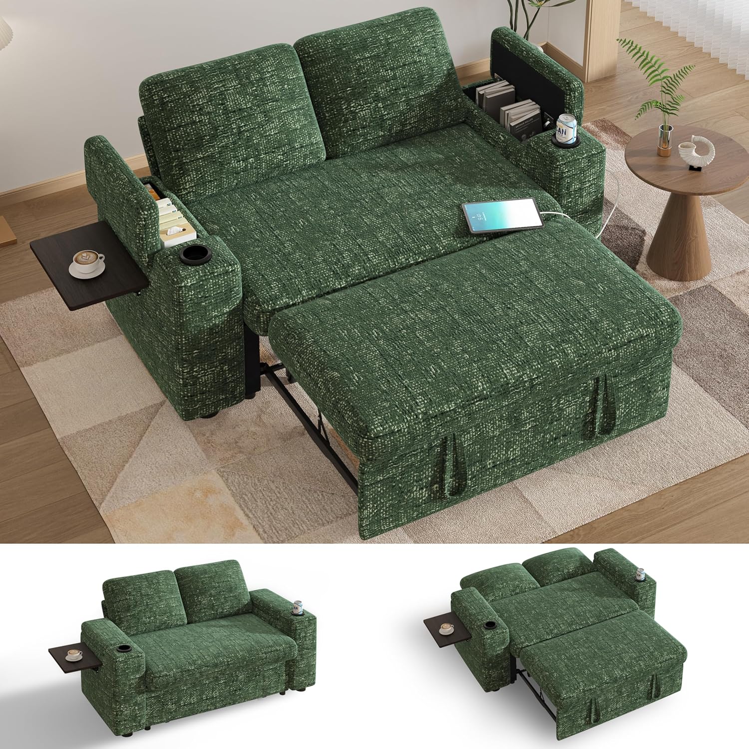 Vipbear 65 Loveseat Sleeper Sofa with Pull Out Bed, Chenille 3-in-1 Convertible Sofa Bed with Reclining Backrest|USB Ports|Cup Holders|Side Table|Storage Armrests, Tool Free Assembly, Green