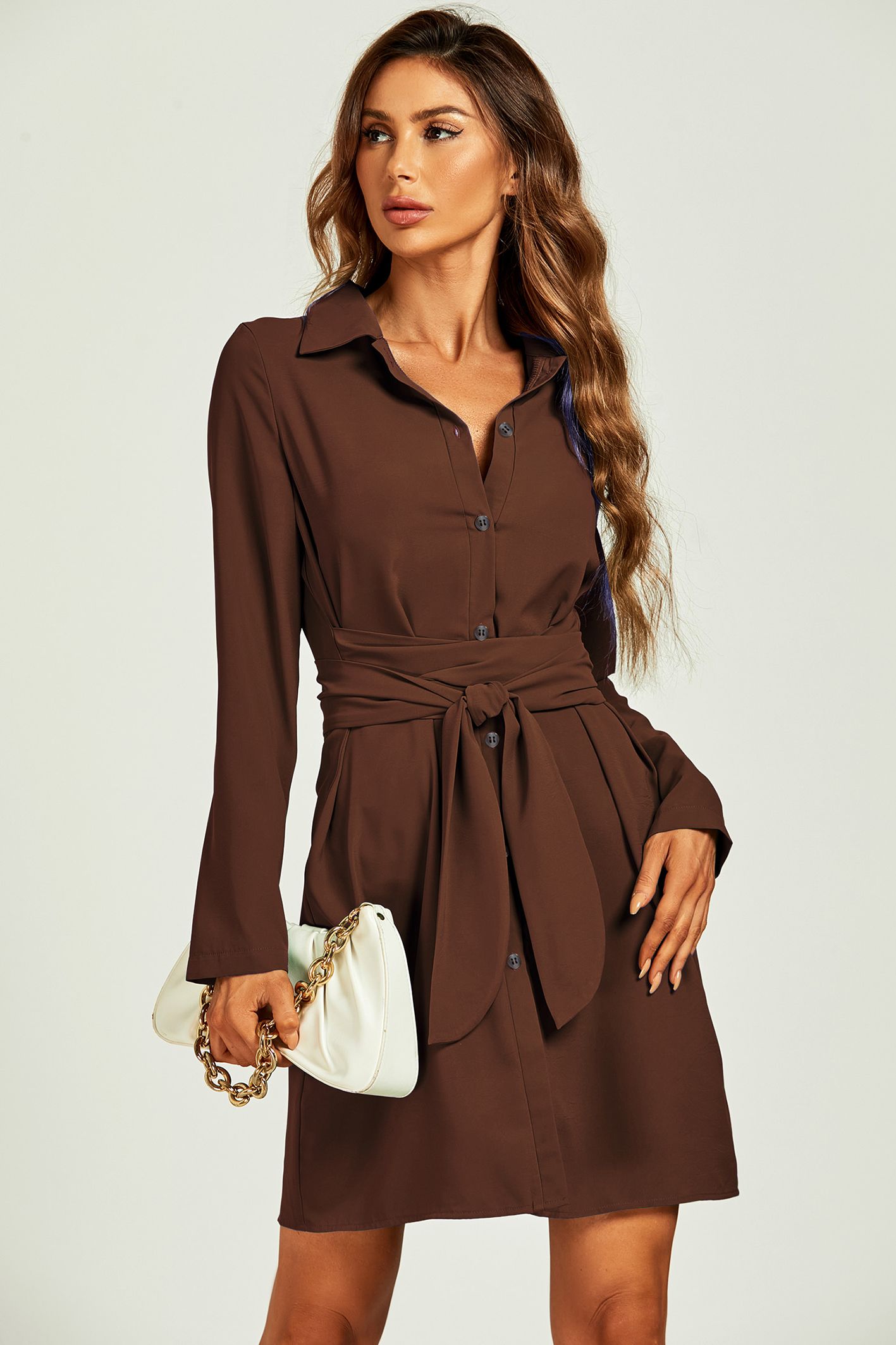 FS Collection Belted Long Sleeve Mini Shirt Dress