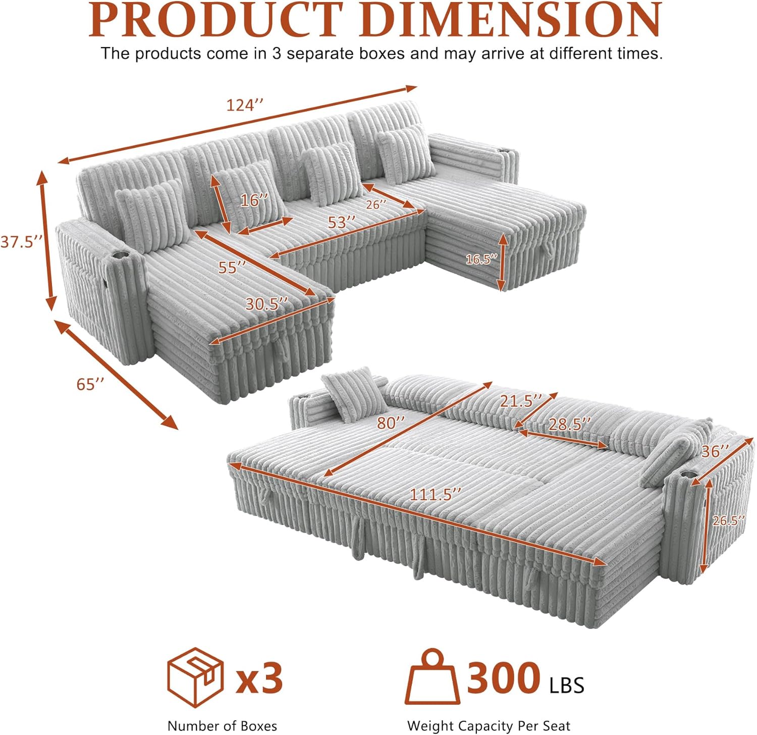 124 Sectional Sleeper Sofa with Pull Out Bed, Comfy Fluffy Plush Corduroy Cloud Sectional Couches for Living Room, U Shaped Modular Couch with Storage Chaise, Cup Holder & USB Charger, Grey