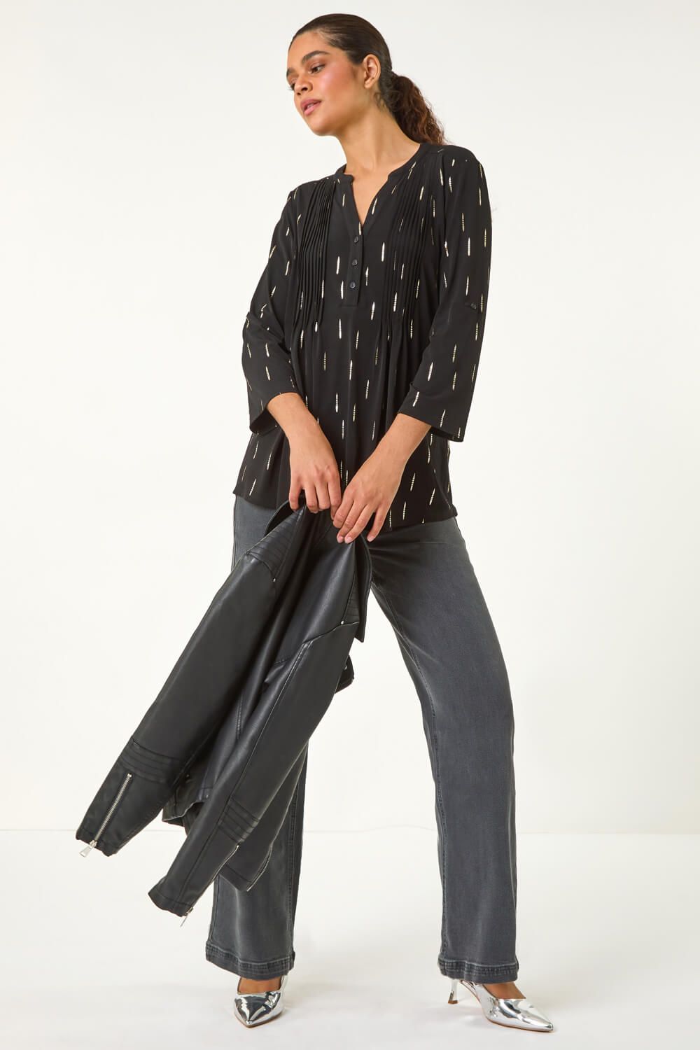 Roman Dash Foil Print Pintuck Shirt