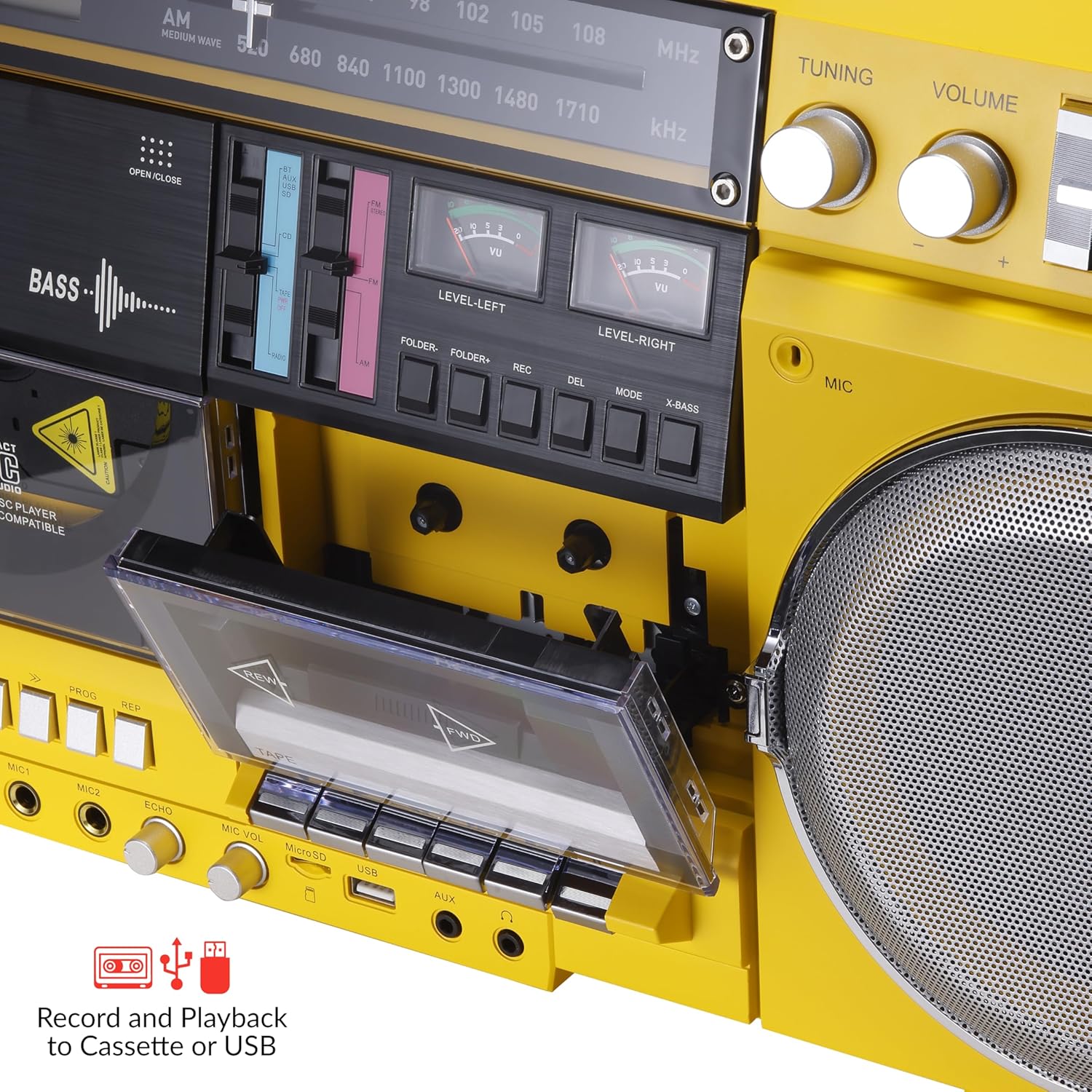 aiwa Retro Boombox CD Player with Cassette Recording  Bluetooth 5.0  FM/AM Radio  USB/SD/AUX Inputs  VU Meters  LCD Display  Dual 40W Speakers - Yellow
