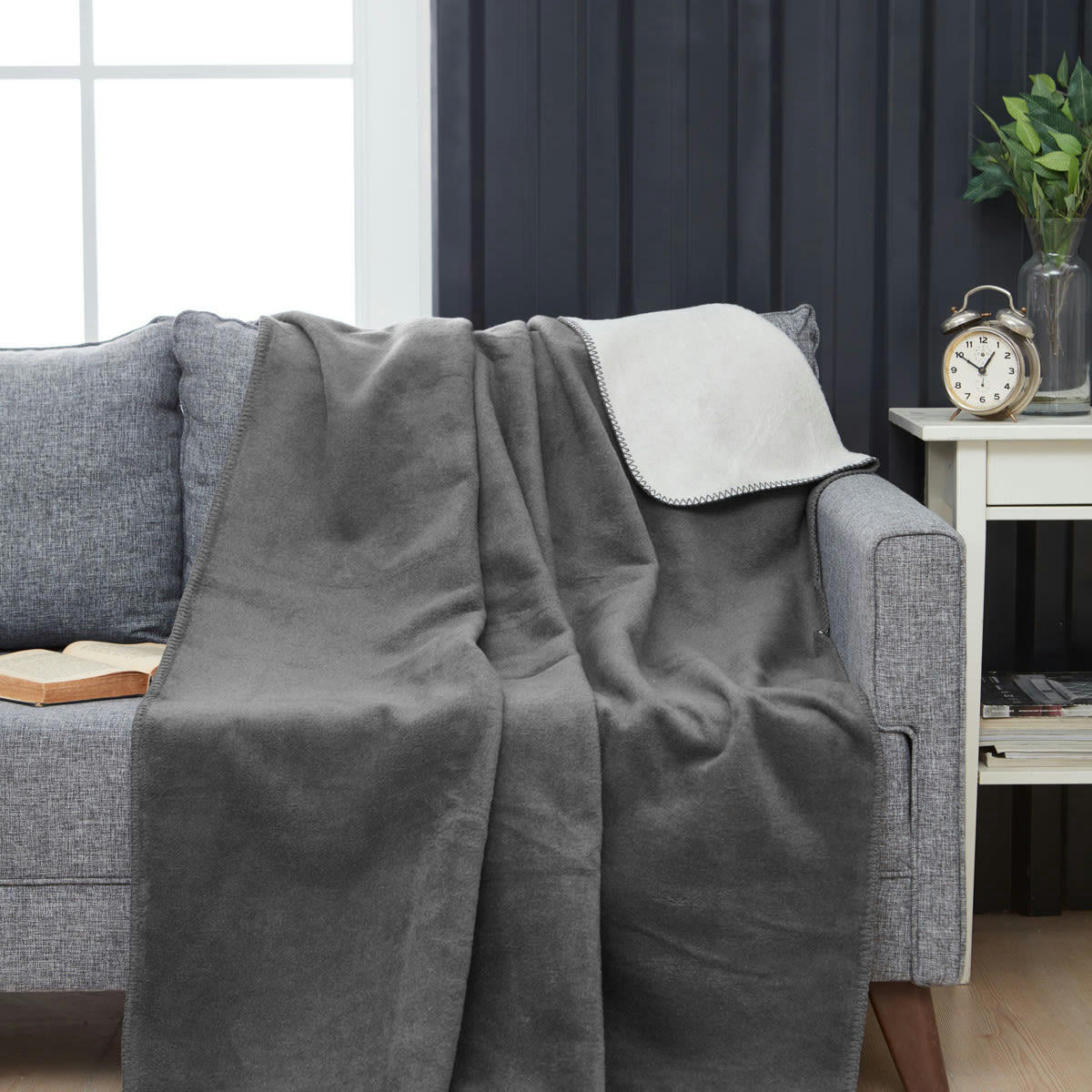 MAJYA - Plaid bi-face chaud Anthracite 130x170 cm