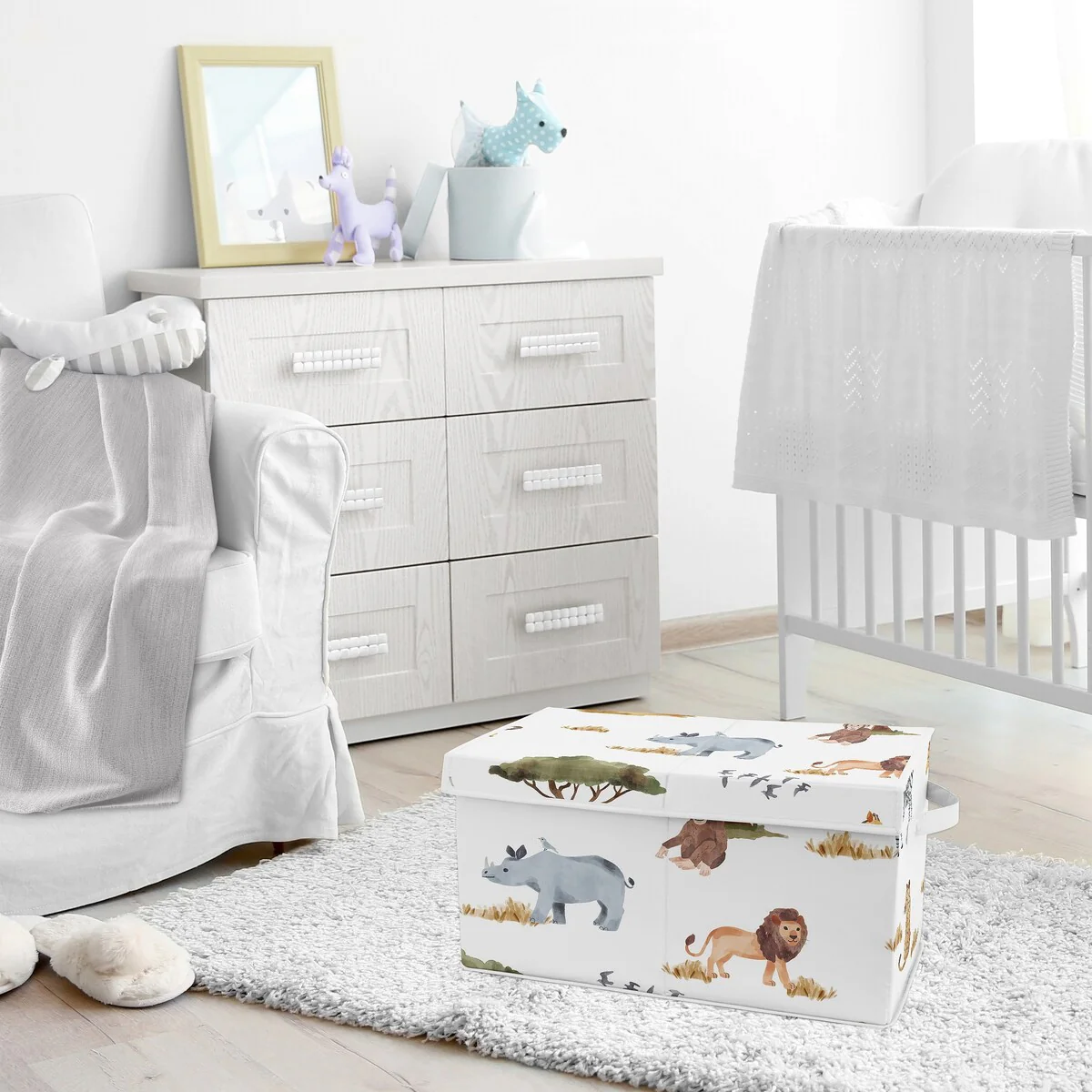 Jungle Animals Kids Fabric Toy Bin Storage Hunter Green Grey Black and White Safari Elephant Giraffe Lion Monkey Leopard Cheetah