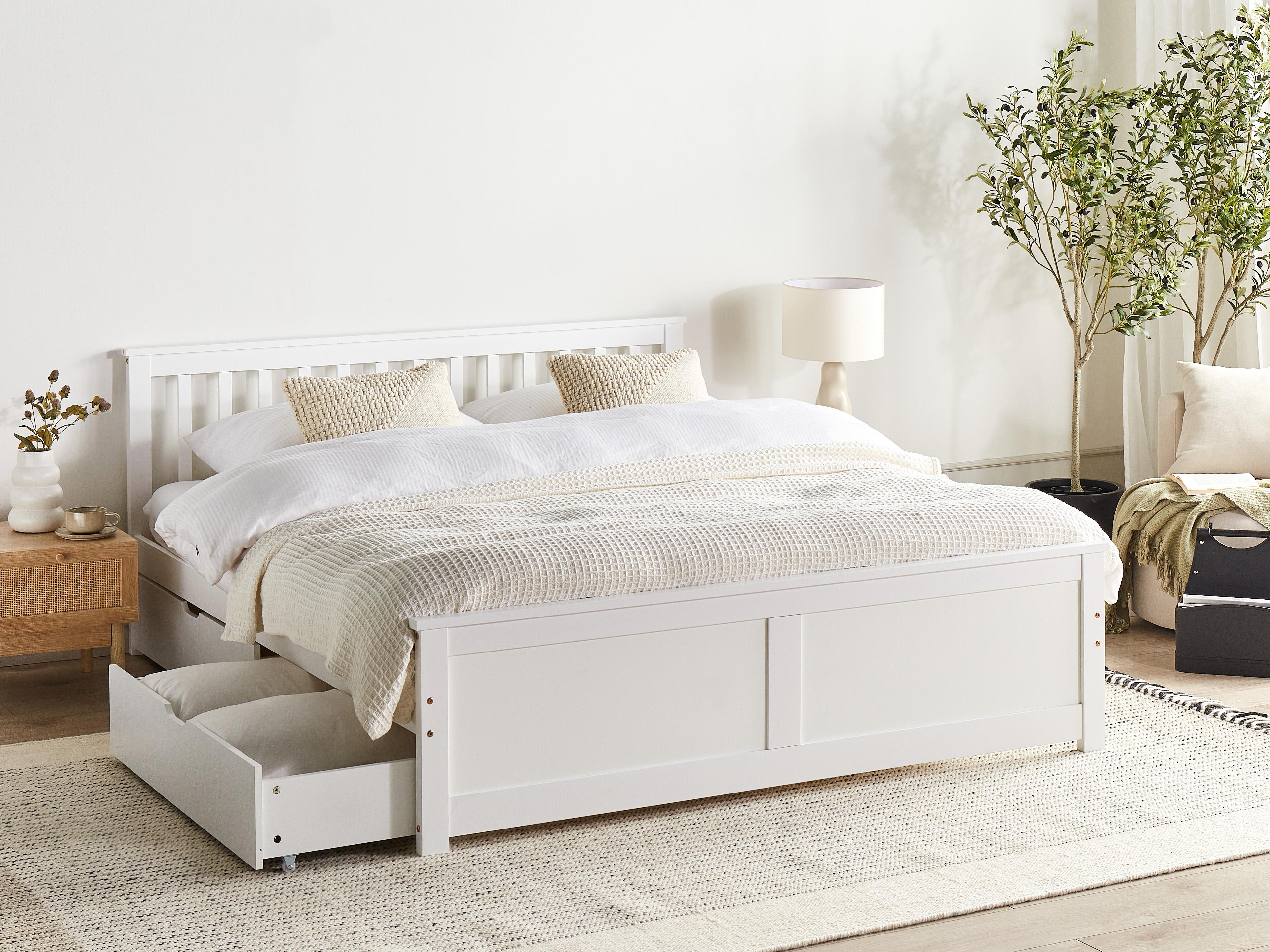 Bed with 4 Drawers Pine Wood OLENDON 160 x 200 cm (EU King Size) White