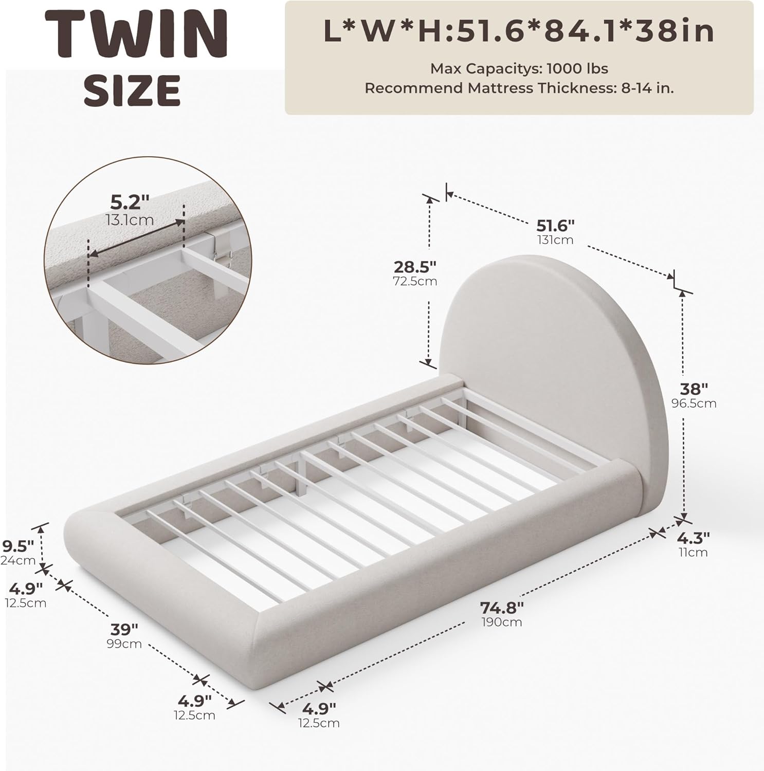 RECCI Half-Moon Upholstered Twin Platform Bed Frame, Velvet Curved Arched Base with Headboard, 5 Inch Fully Round Cushioned Foam, No Box Spring Needed, Easy Assembly | Round Shaped, Boucle, Low-profile, Soft