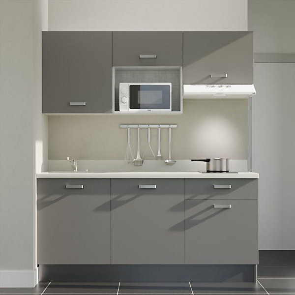 Kitchenette K30 - 180 cm - façades Gris - Plan monobloc en quartz coloris Snova évier à gauche - Electroménager Blanc