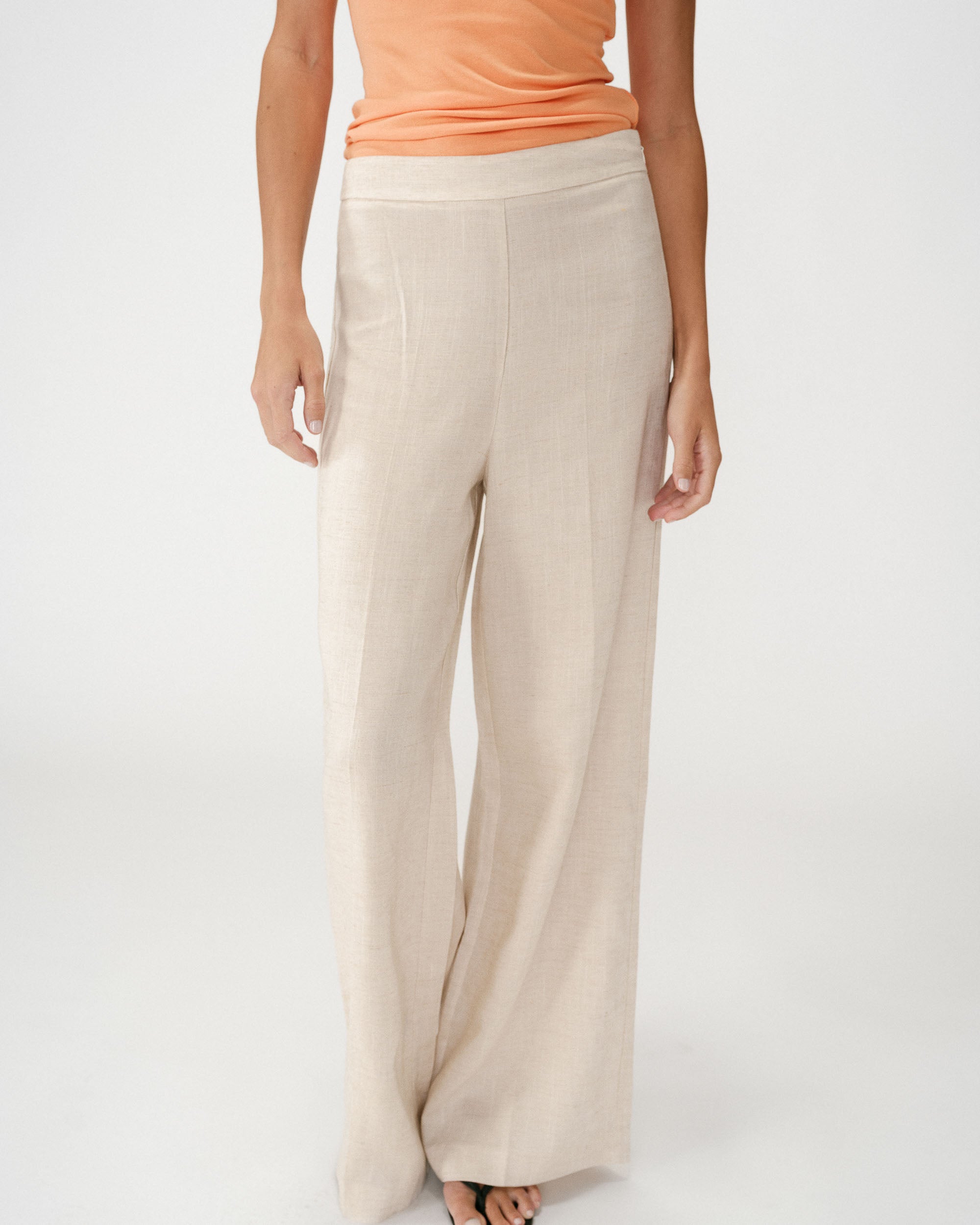 Pantalon taille haute jambes larges en lin sable Wesley