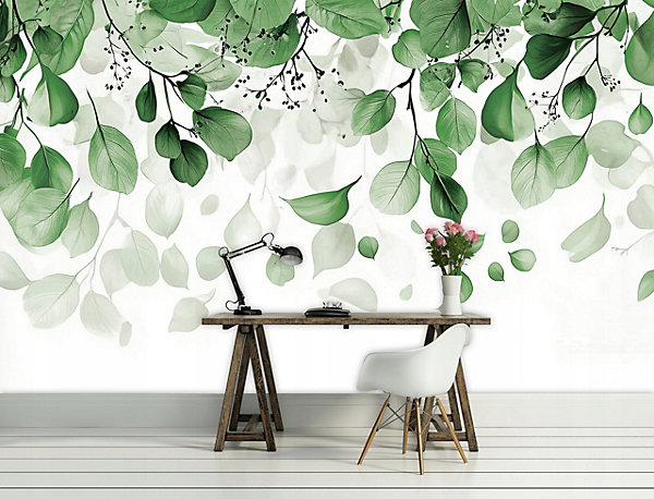 Papier Peint Panoramique Intissé Blanc Vert Feuilles 350x250 cm - Colle Inclus - Moderne XXL Papier Peint por Chambre Salon