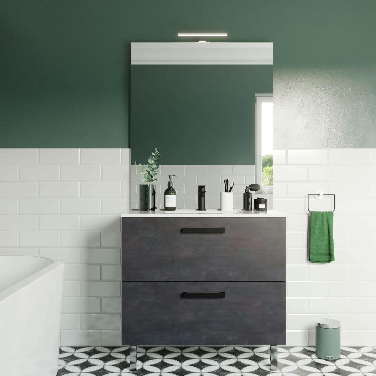 CHELSEA - Meuble salle de bain vasque intégrée 90cm 2 tiroirs Ardoise métallisée