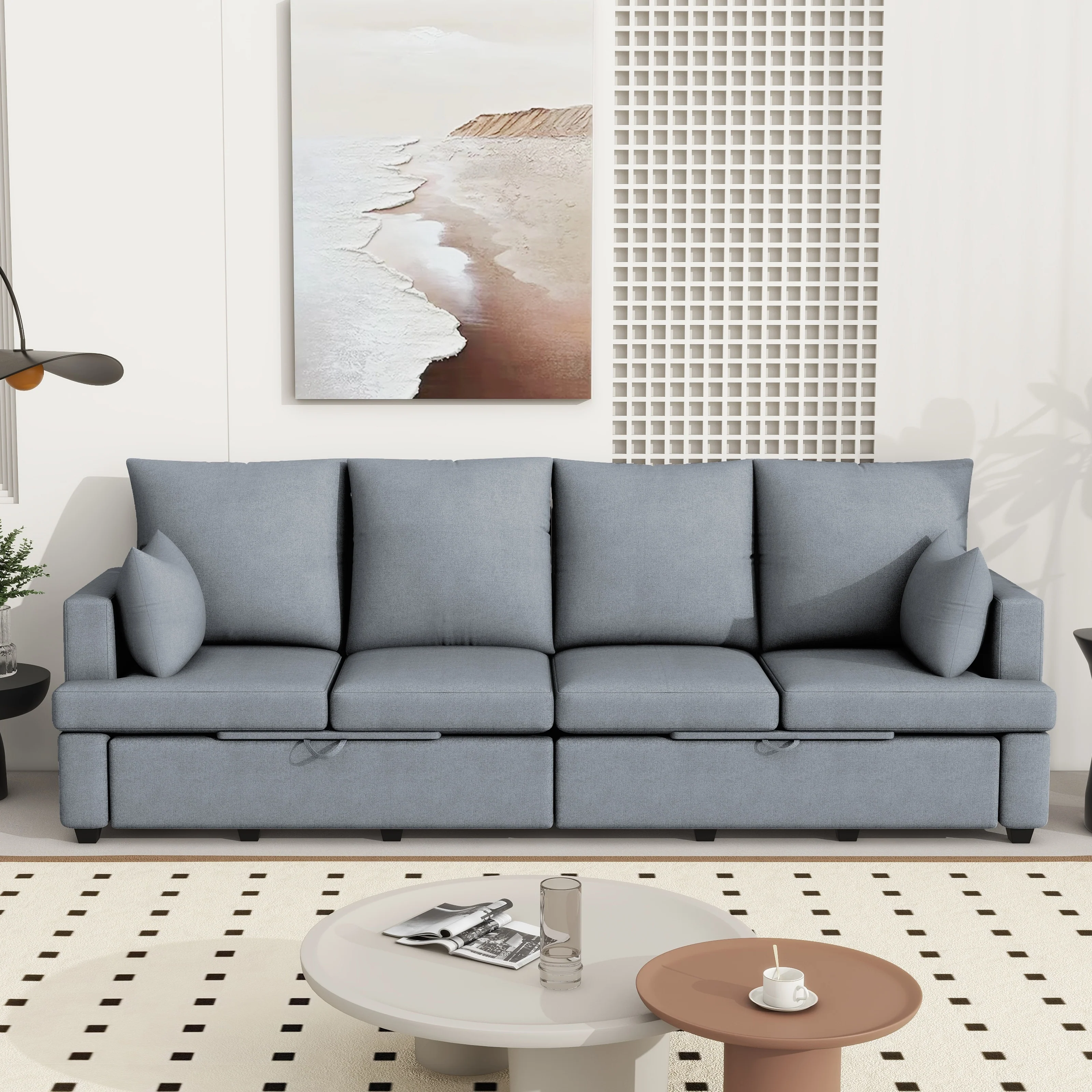 Grey 103.2'' Chenille 4-Seat Modular Sectional Sofa with 2 Pillows, Multi-Functional Storage, and Easy Assembly