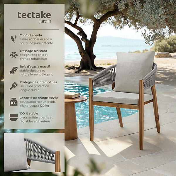 Lot de 6 chaises de jardin au design corde housses déperlantes grège