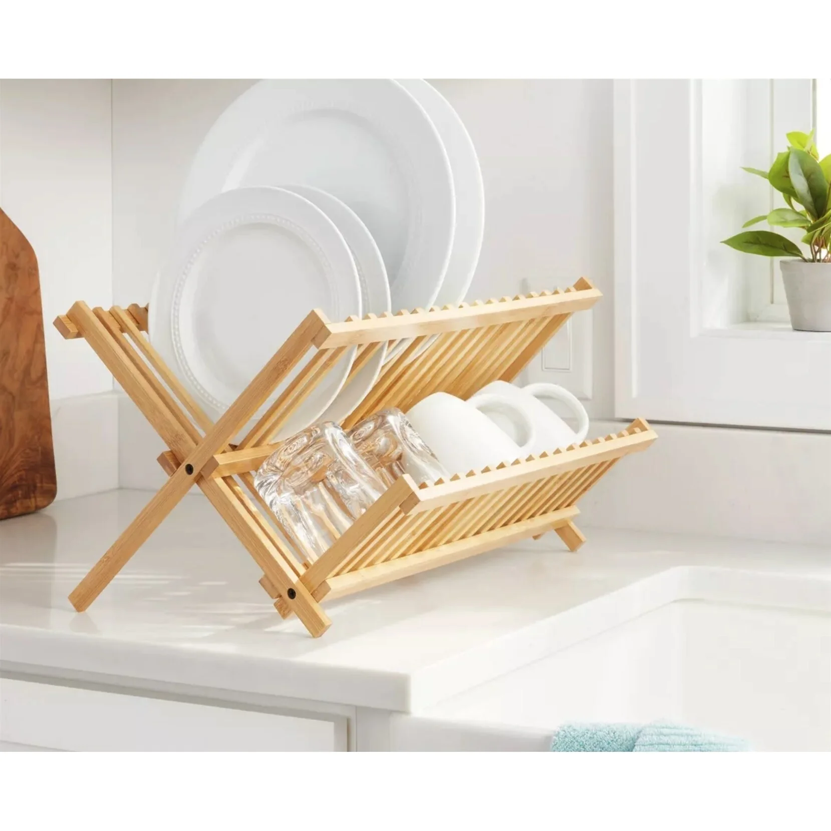 Bamboo Dish Drying Rack - 2-Tier Collapsible & Foldable Countertop Organizer, Natural Eco-Friendly Wood, Space-Saving Design