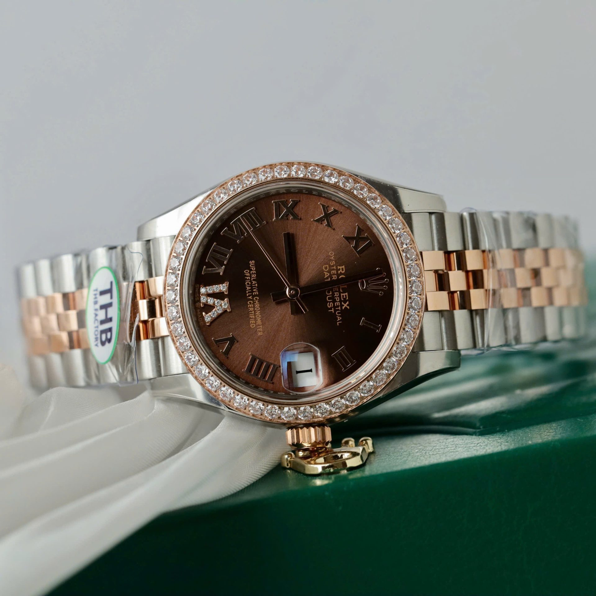 Rolex Datejust SS/RG Plated Chocolate Dial CZ Diamonds 31mm Jub THBF Replica