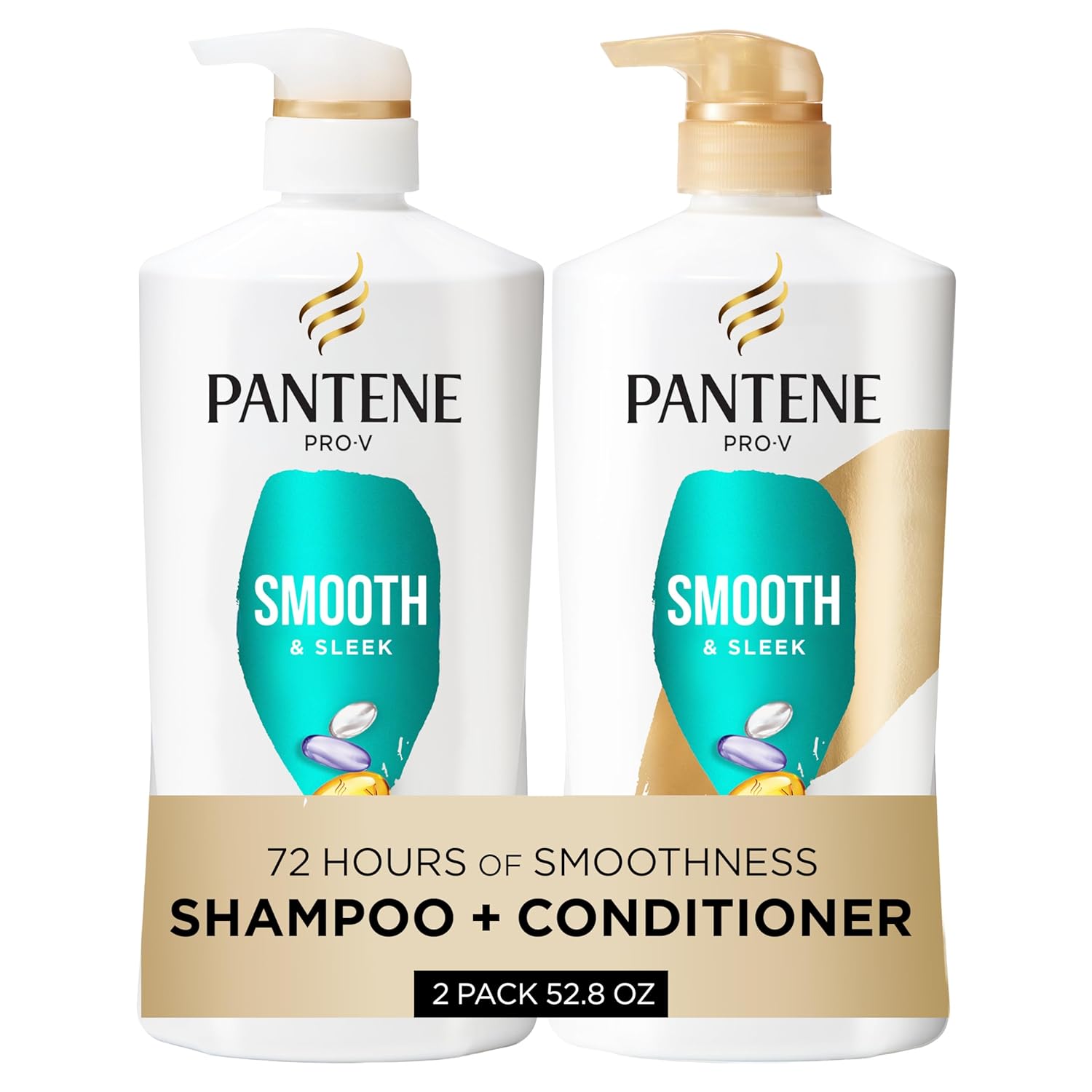 Pantene Shampoo & Conditioner Set, Smooth and Sleek - Frizz Control with Antioxidants, Nourishing for All Hair Types - Curly, Dry, Color-Treated, 52.8 Oz Total + Miracle Rescue Shot (0.5 Oz)