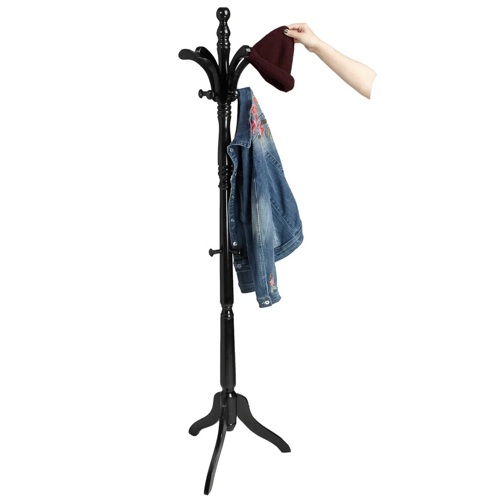 Mind Reader 13 Hook Solid Free Standing Wood Coat Rack, Entryway Coat Tree Hat Hanger Umbrella Holder, Black