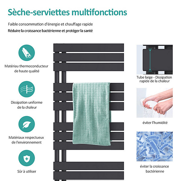 EMKE Sèche-serviettes à Eau Chaude Panneau Plat, Sèche-serviettes connexion latérale pour, Anthracite 1320x500mm 695Watts