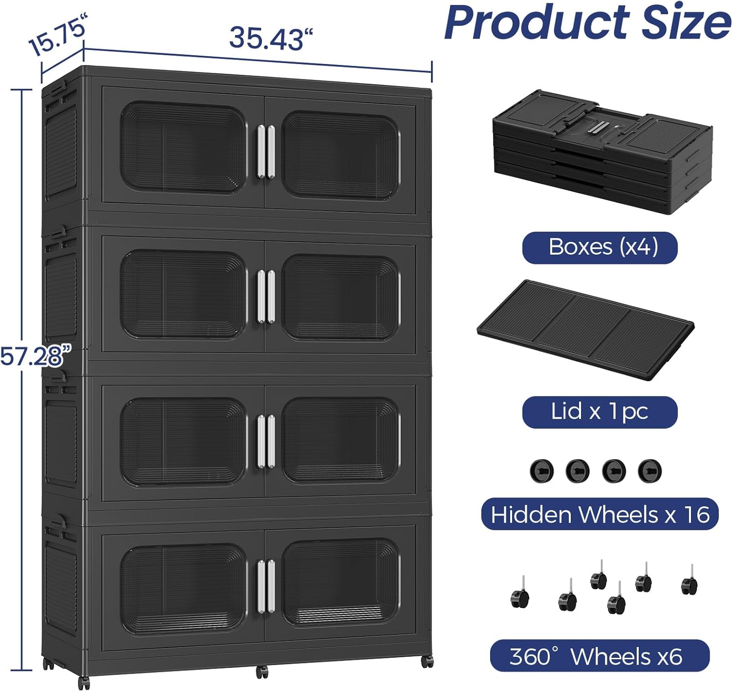 200Gal Extra Large Stackable Storage Bins with Lid & Wheels & Doors, 200QT/50GAL 4-Tiers Collapsible Closet Organizers Plastic Containers Drawers Boxes for Home Kitchen Bedroom, Black