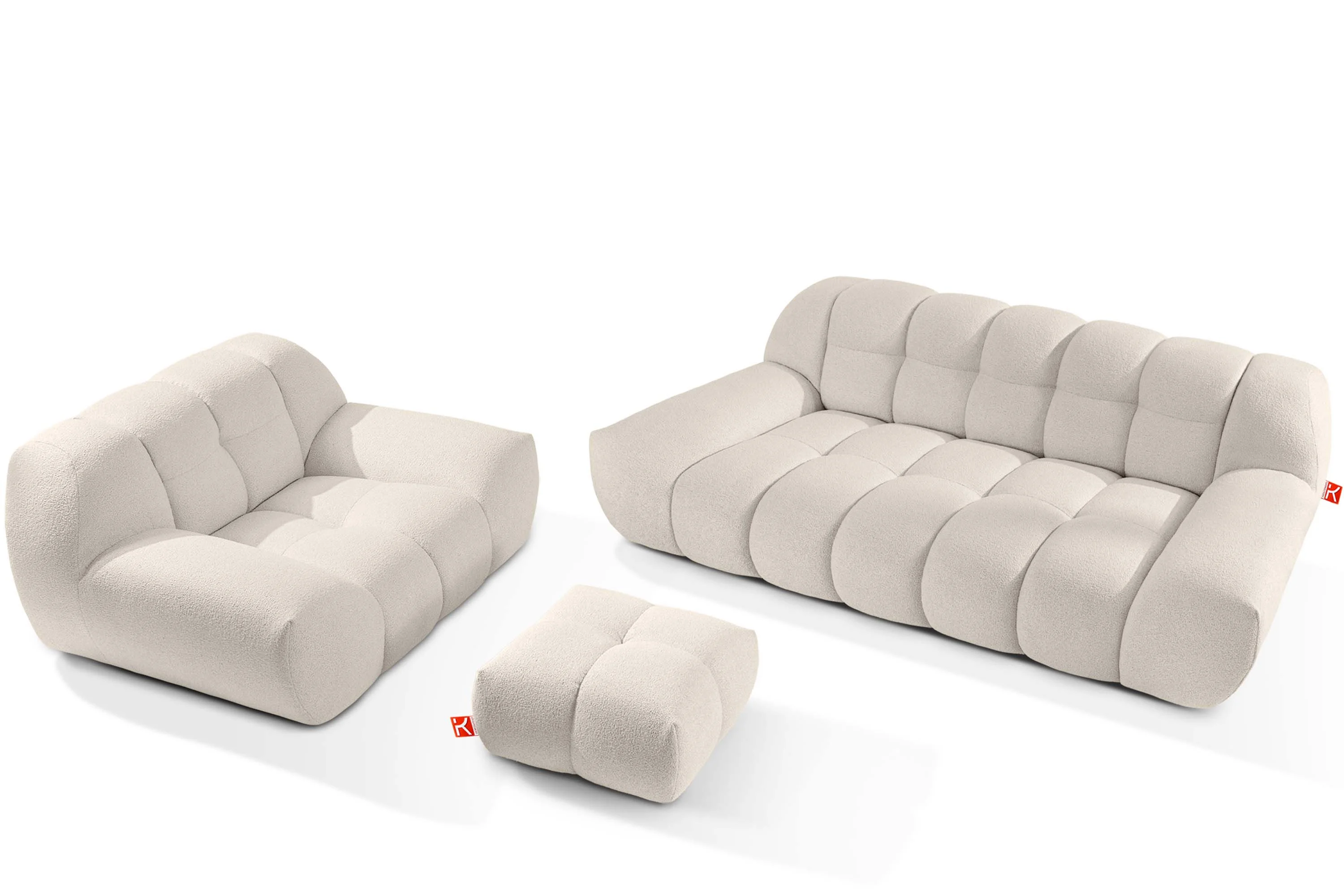 KONSIMO VENA Zestaw mebli sofa 2os. fotel i puf, japandi, tkanina boucle