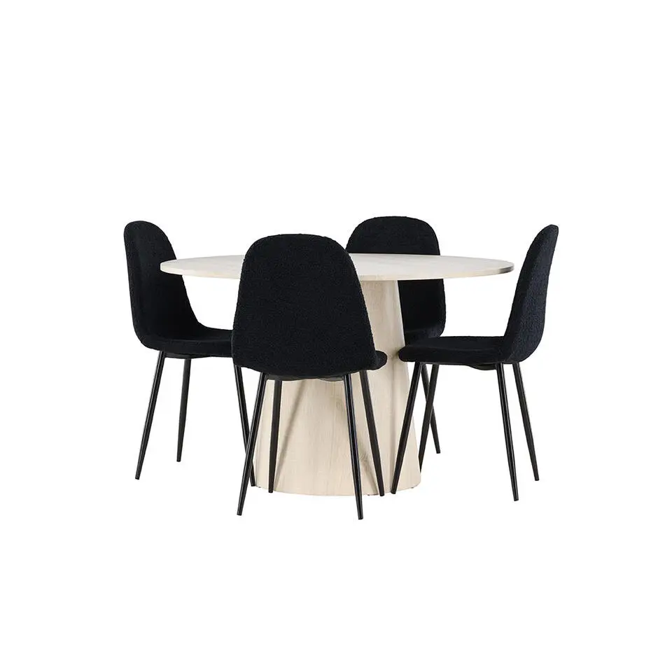 Hioshop Lanzo eethoek tafel &Oslash;120cm en 4 teddy stoelen whitewash