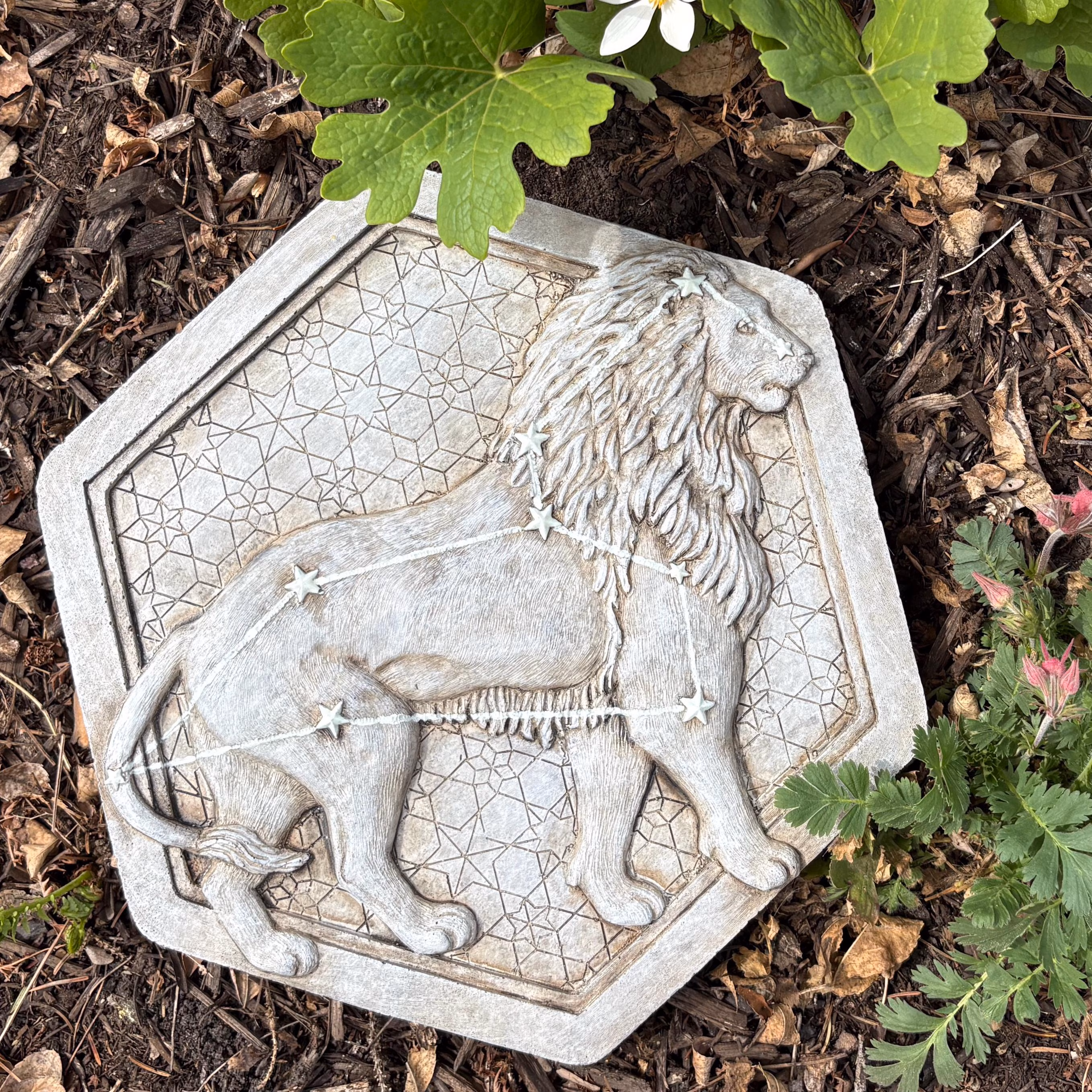 Leo Zodiac Concrete Stepping Stone with Glow in the Dark Constellation - Aged Stone