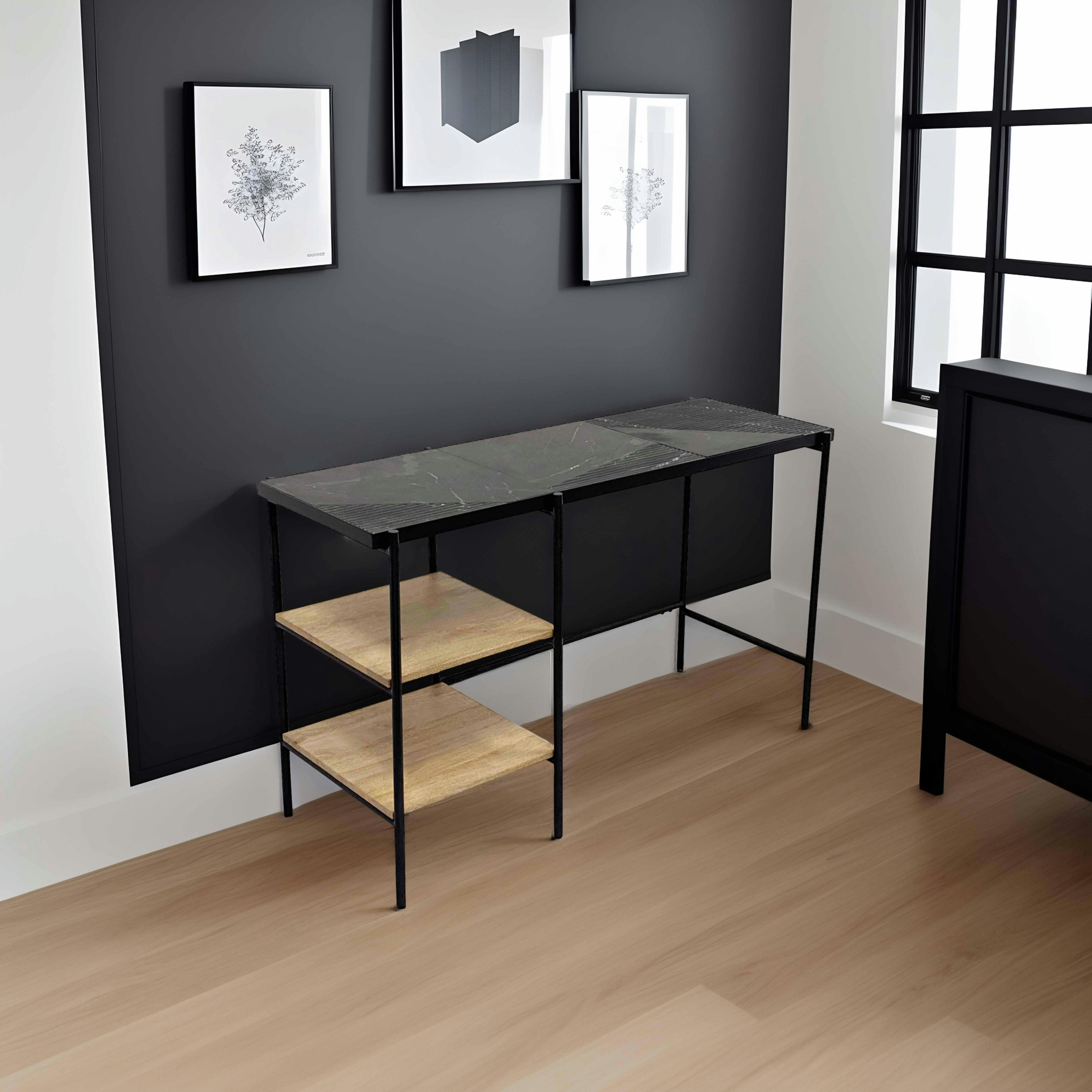 PAHELI - Bureau avec étagères en marbre et manguier noir