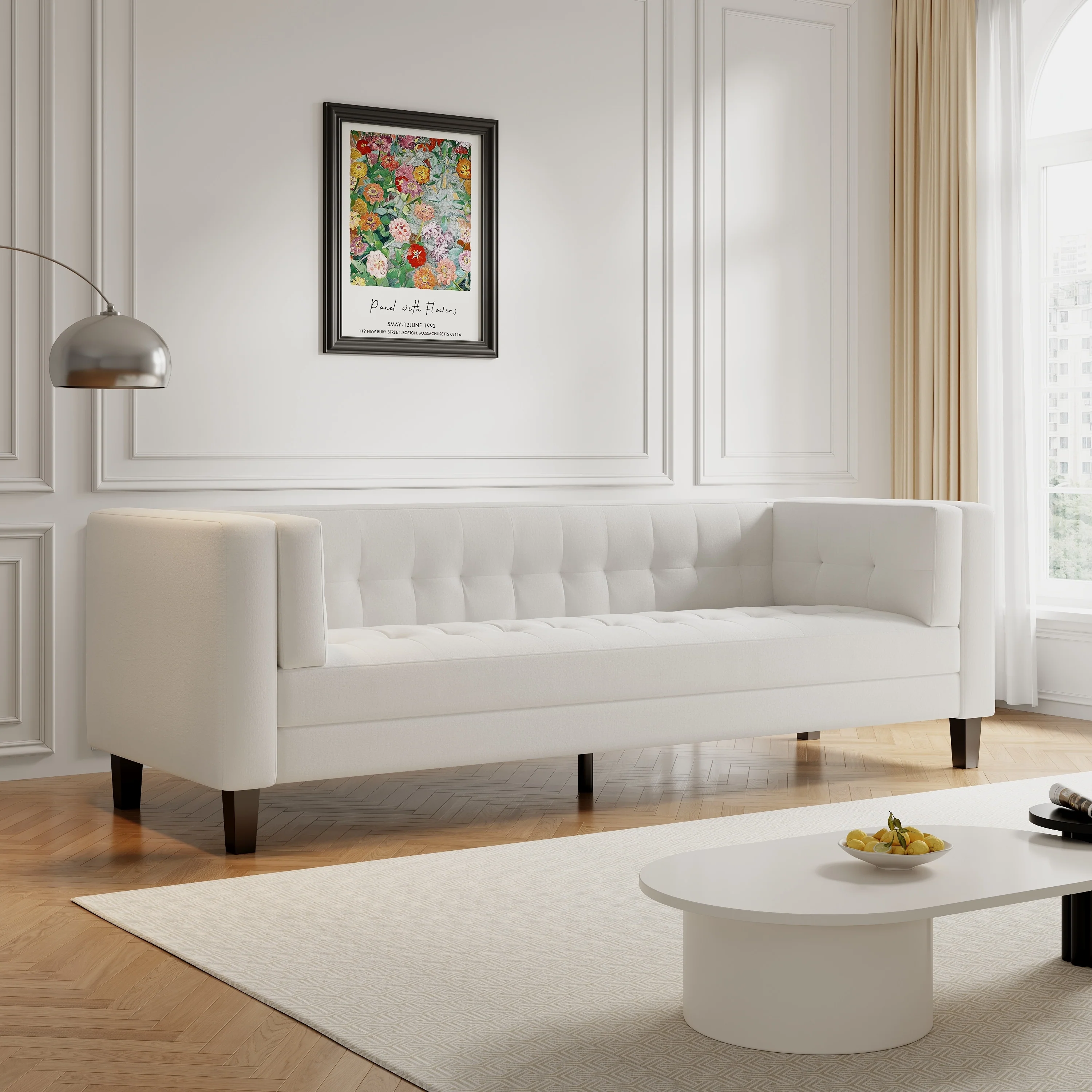 Ivory 89.75 Velvet 3-seater Button Tufted Sofa with Wood Legs and Kiln-Dried Hardwood Frame for Living Room