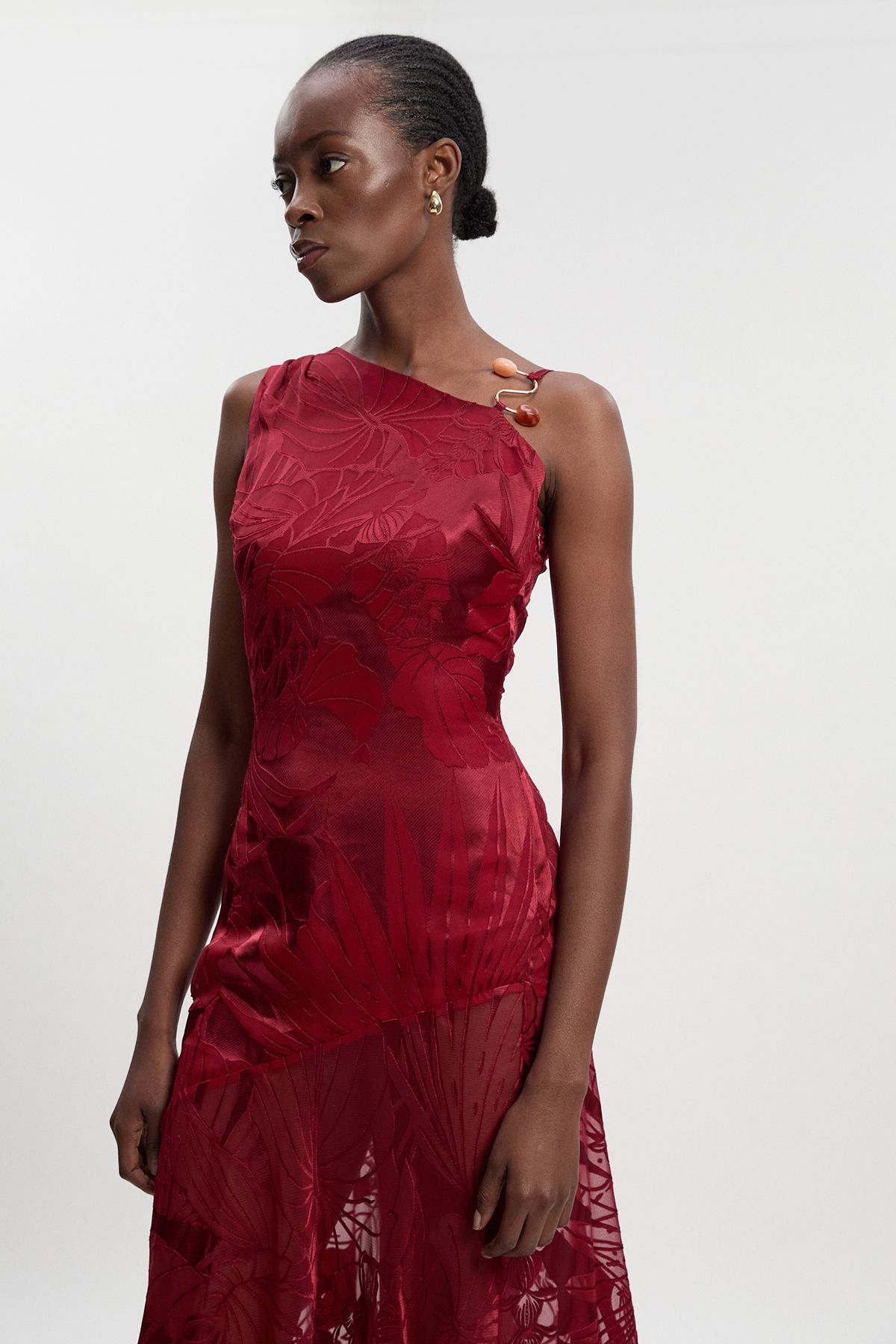 KarenMillen Petite Devoure One Shoulder Woven Maxi Dress With Trim Detail