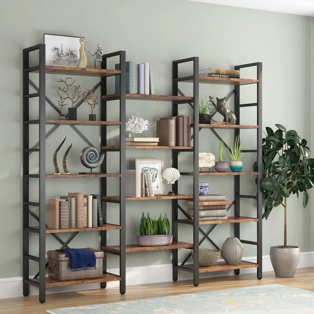 Large Triple Wide 5-Shelf Etagere Bookcase