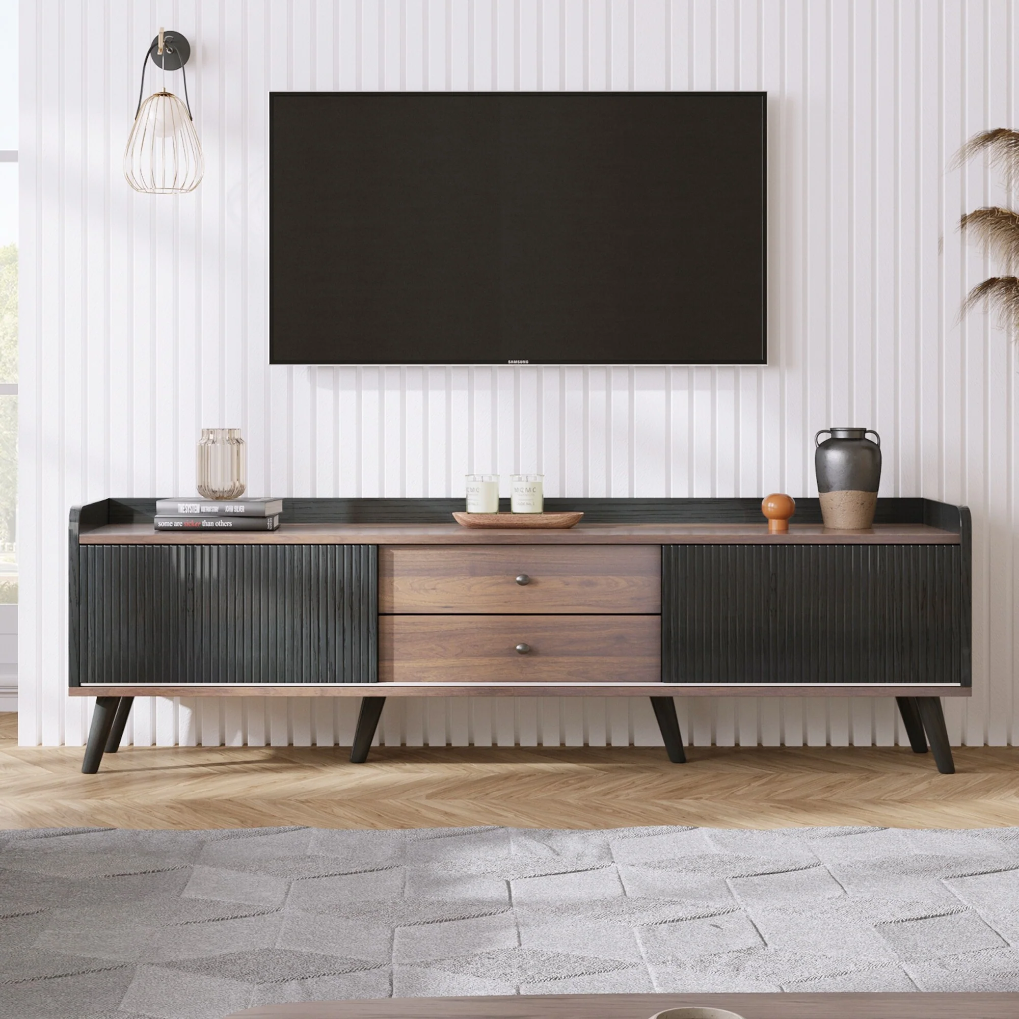 63-Inch Mid-Century TV Stand with Ample Storage and Open Compartments