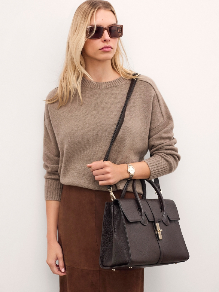 Dark brown handbag with handles and detachable strap