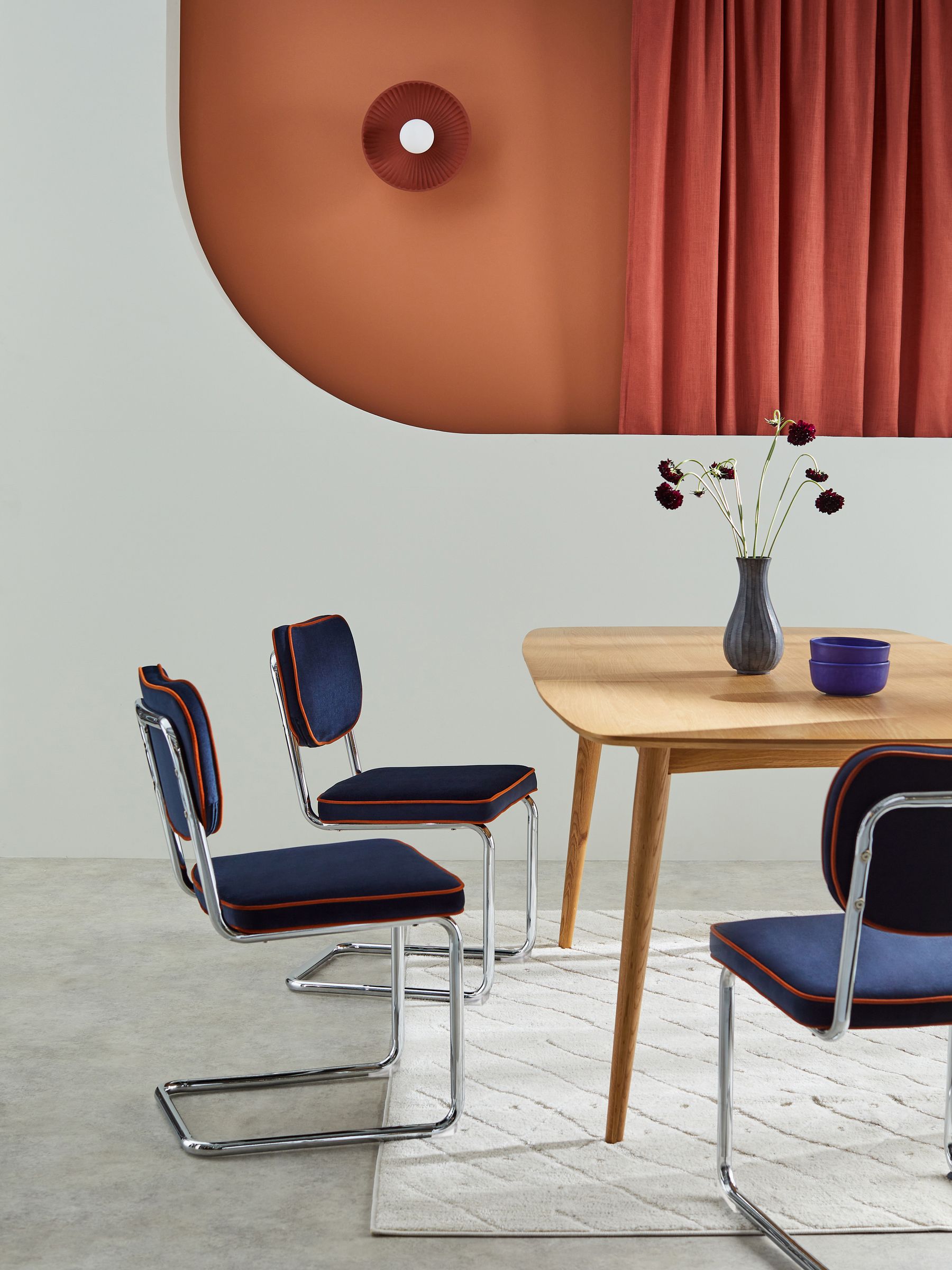 Set of 2 Parker Dining Chairs in Velvet in Dark Blue with Cinnamon Piping