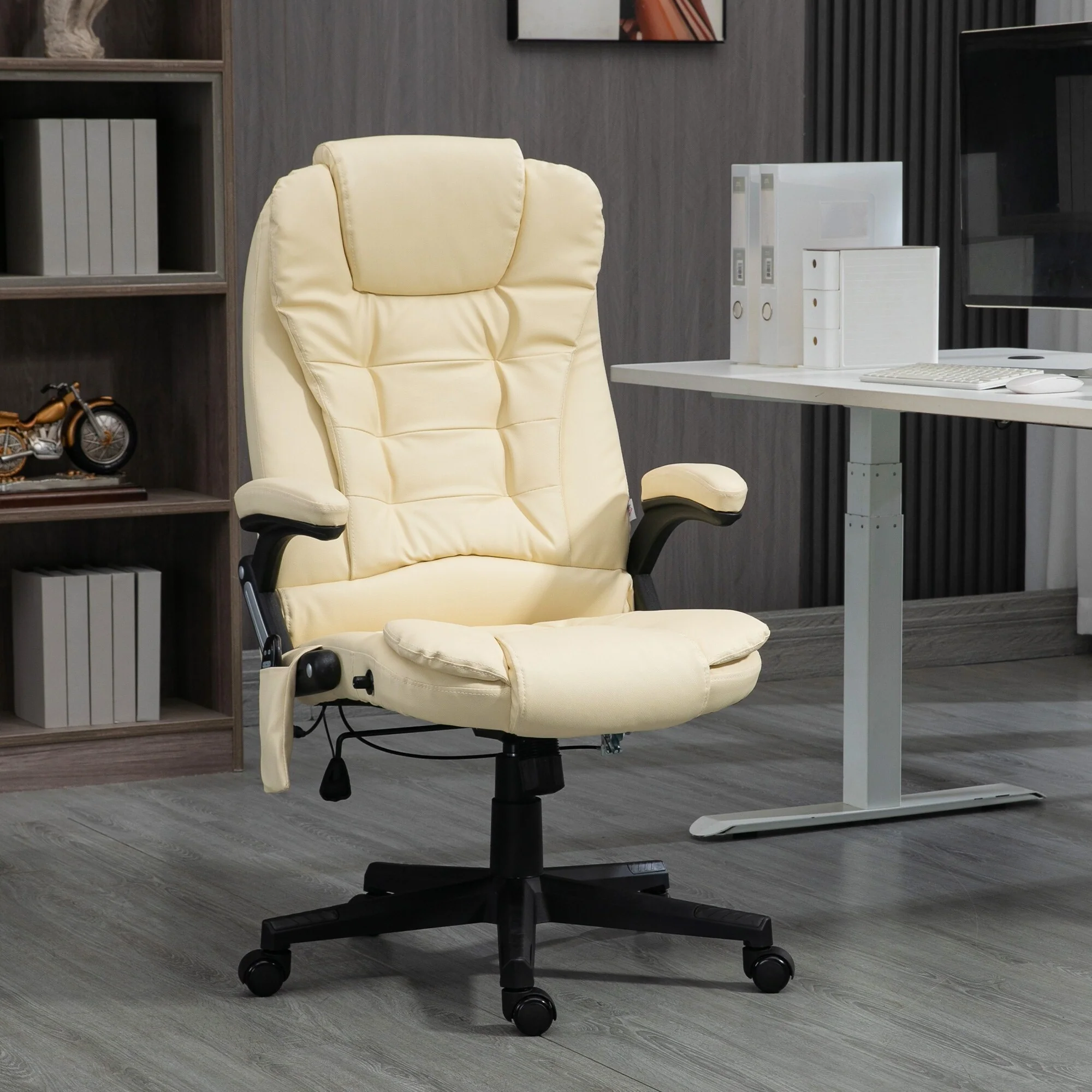 Beige PU Leather 360° Swivel High Back Office Recliner with Vibration Massage, Lumbar Heating, and Adjustable Height