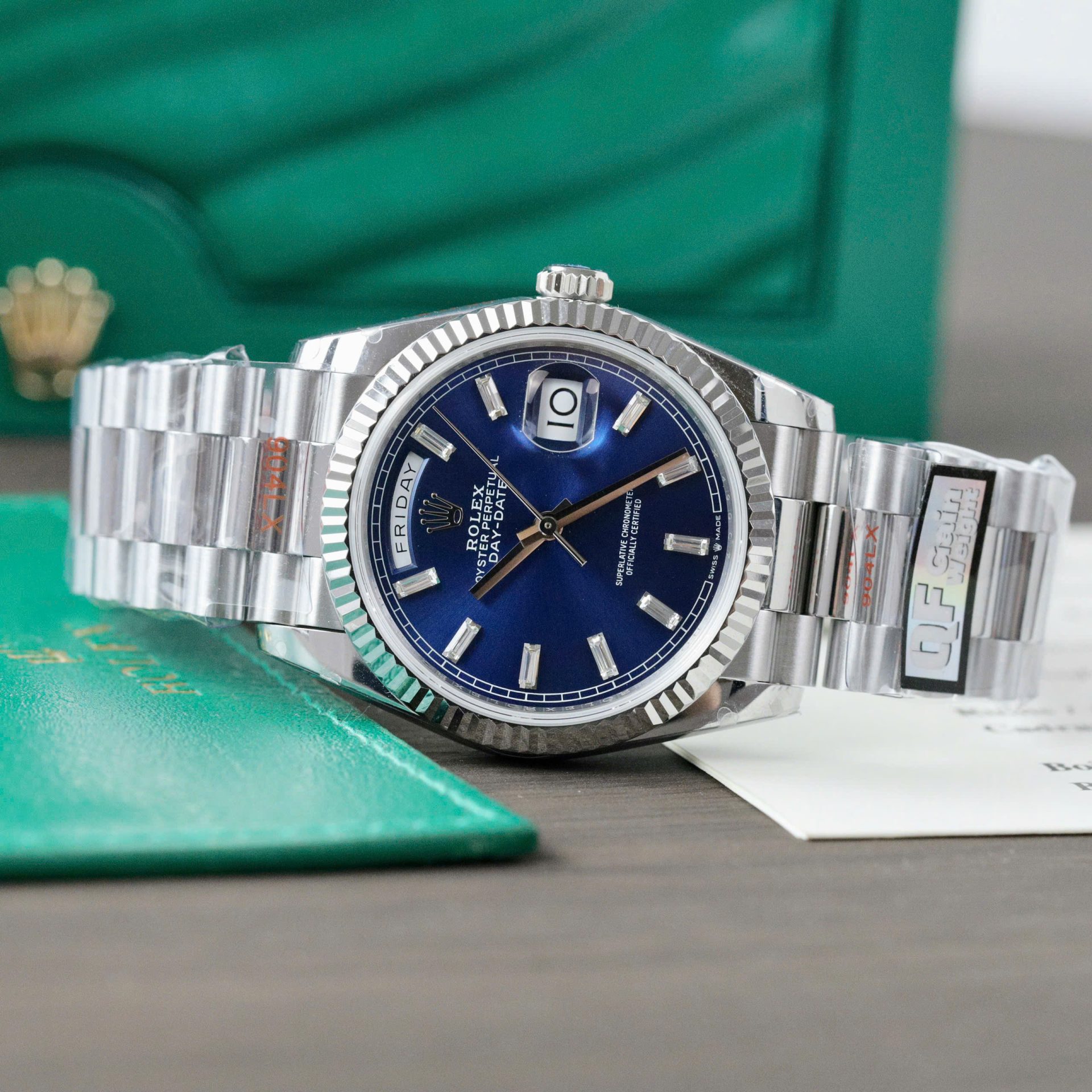Rolex Day-Date 128236 904L Steel Blue Dial CZ Diamonds 36mm Super Clone