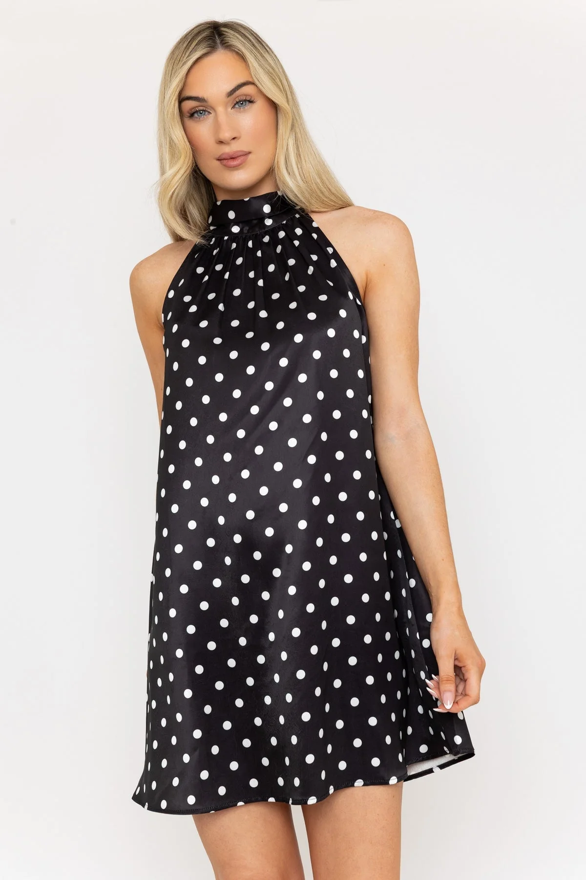 Black Satin Polka Dot Halter Mini Dress