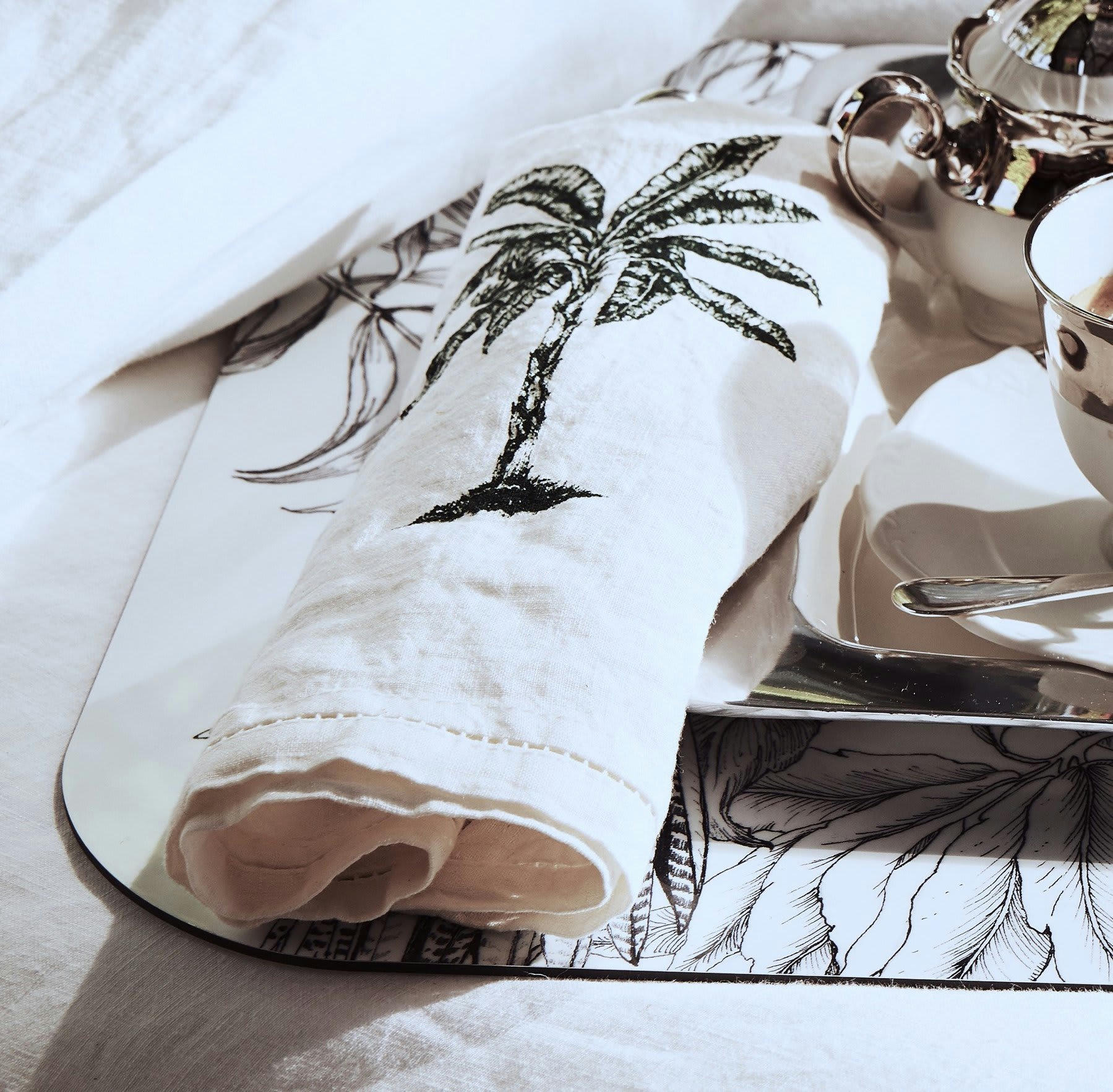 BASES DE LA TABLE - Serviette de table  Lin pur lavé Palm Blanc Vert 45x45