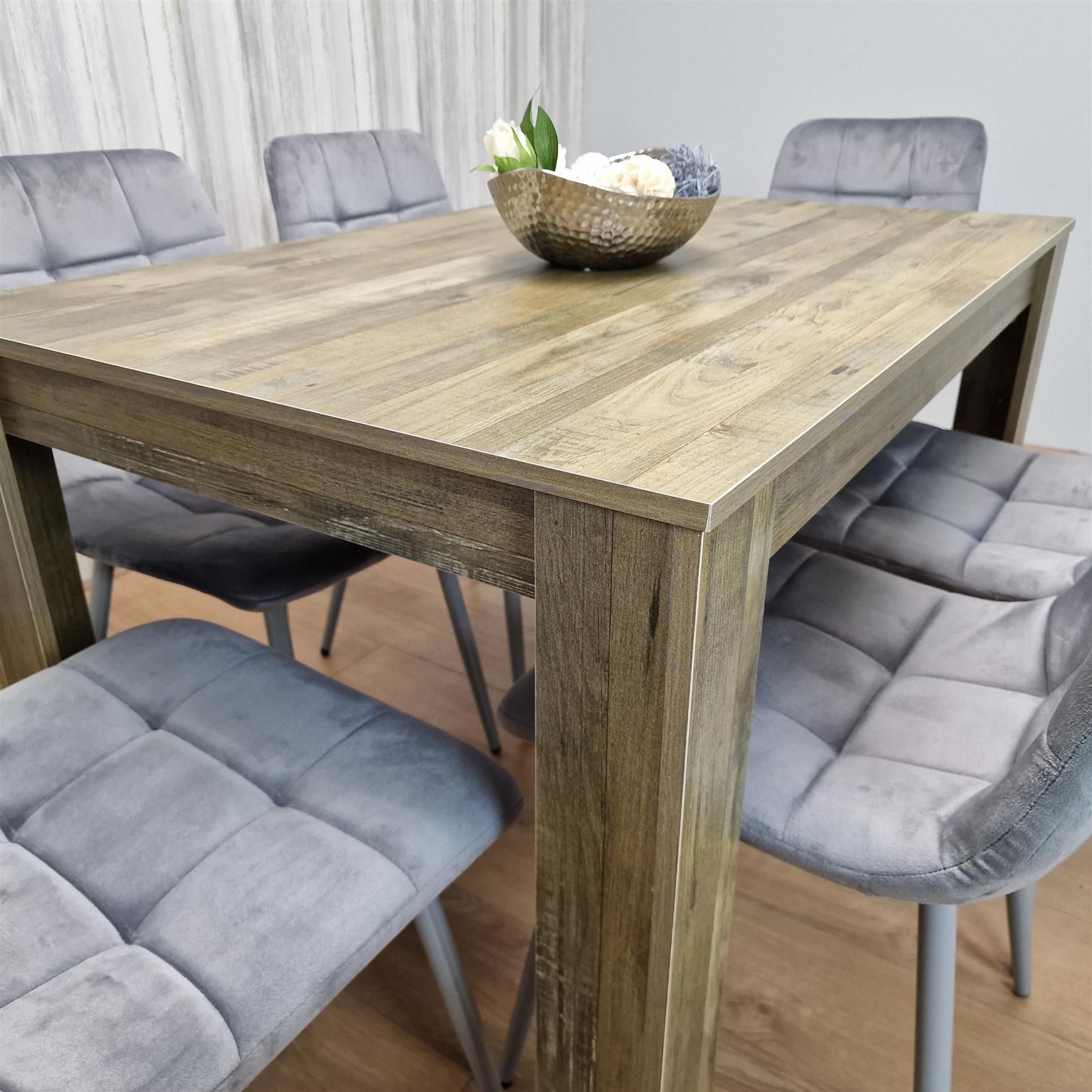 KOSY KOALA Rustic Effect Dining Table Set with 6 Grey Velvet Chairs  Stylish Dining Room Furniture Set