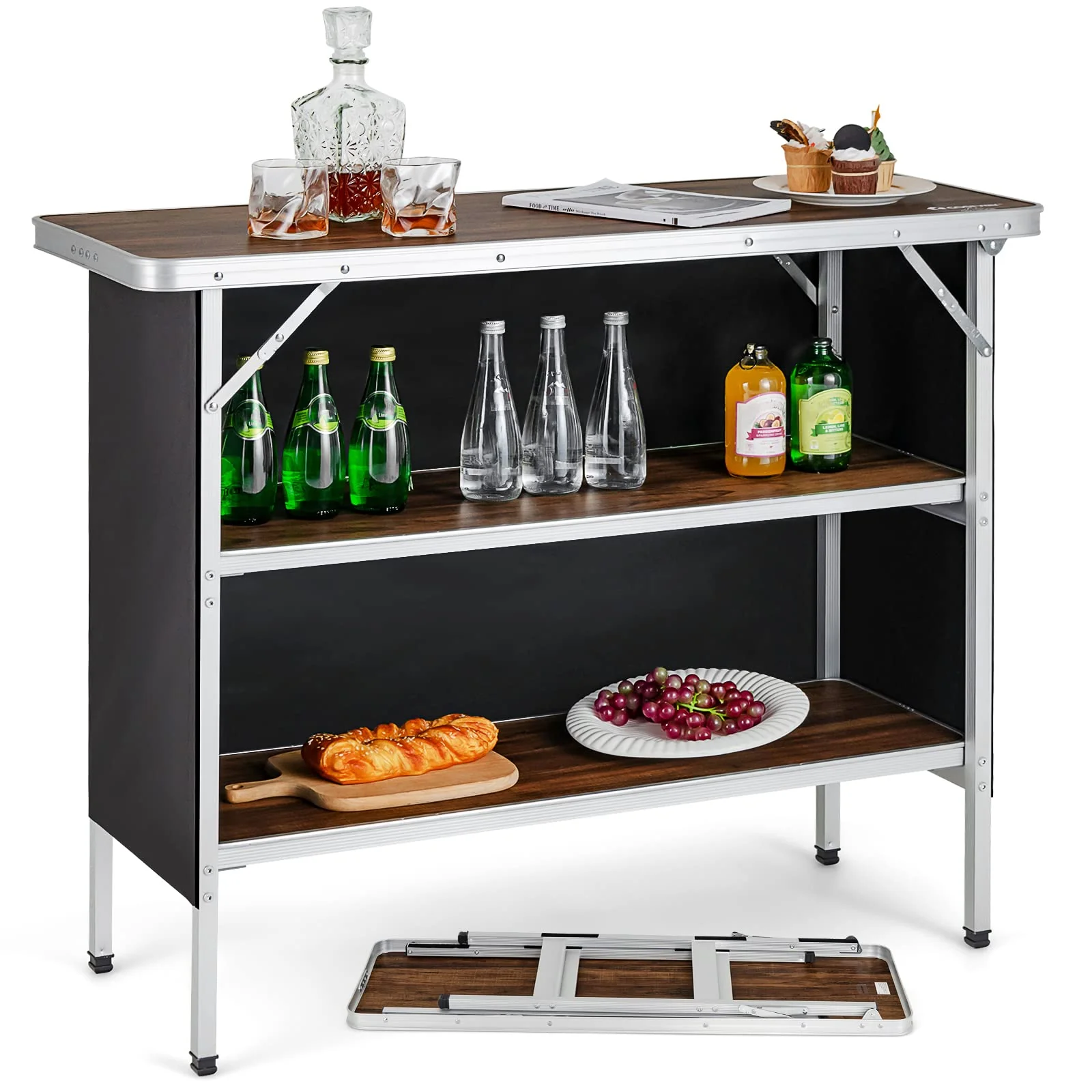 Folding Camping Table, Aluminum Portable Pop-Up Bar Table with 2-Tier Storage Shelves(Coffee)