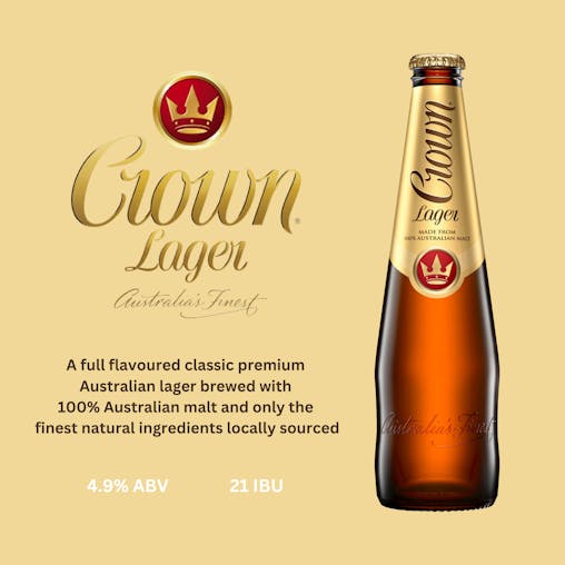 Crown Lager, Premium Lager Beer, Made from 100% Australian Malt, Crisp & Clean Finish, 4.9% ABV, 375mL (Case of 24 Bottles)