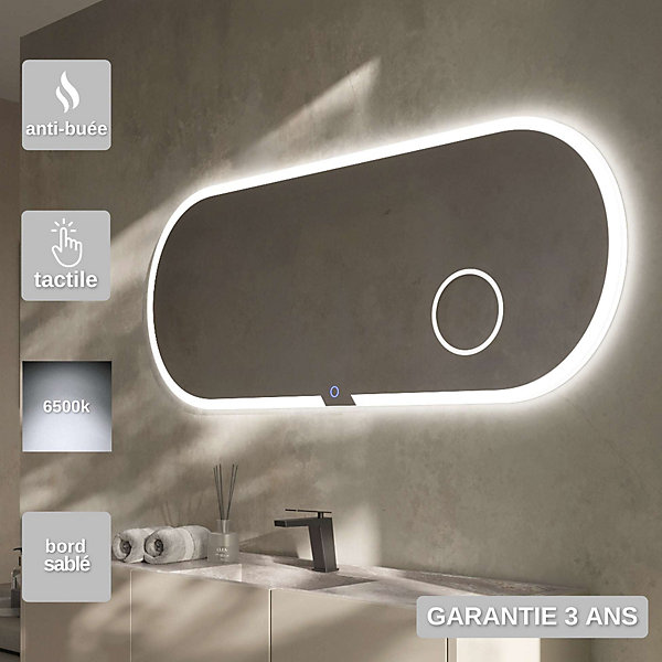 Miroir de Salle de Bain Lumineux LED 120x60 - Blanc Froid - Anti-Buée &Zone Grossissante - INDIANA LEDIMEX