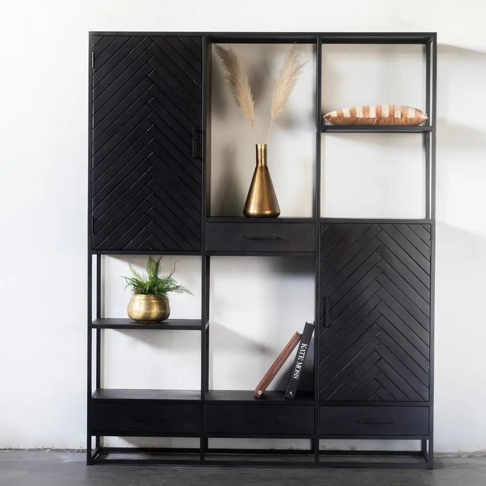 Vakkenkast Zwart Visgraat - 160x40x200cm - Mangohout